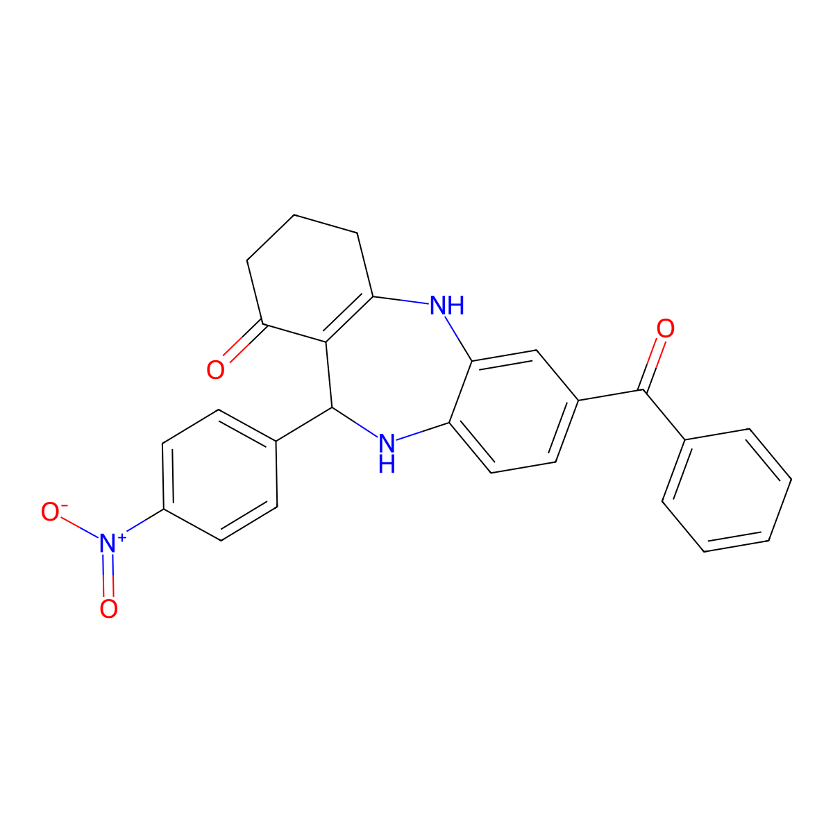 2-Benzoyl-6-(4-nitrophenyl)-5,6,8,9,10,11-hexahydrobenzo[b][1,4]benzodiazepin-7-one molecular structure, CAS 292064-74-5