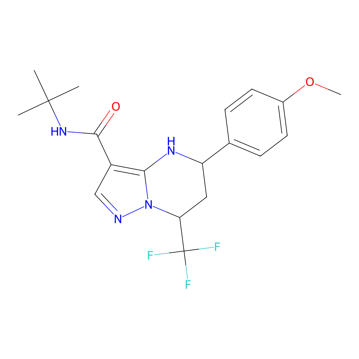 N-(tert-butyl)-5-(4-methoxyphenyl)-7-(trifluoromethyl)-4,5,6,7-tetrahydropyrazolo[1,5-a]pyrimidine-3-carboxamide molecular structure, CAS 292066-75-2