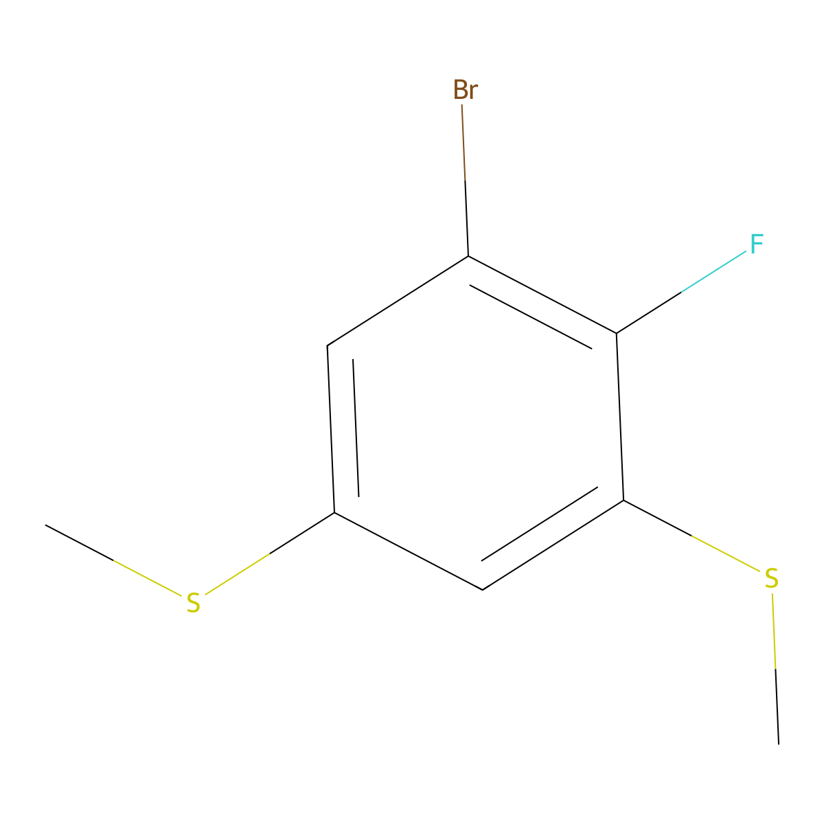 (5-Bromo-4-fluoro-1,3-phenylene)bis(methylsulfane) molecular structure, CAS 2921838-72-2