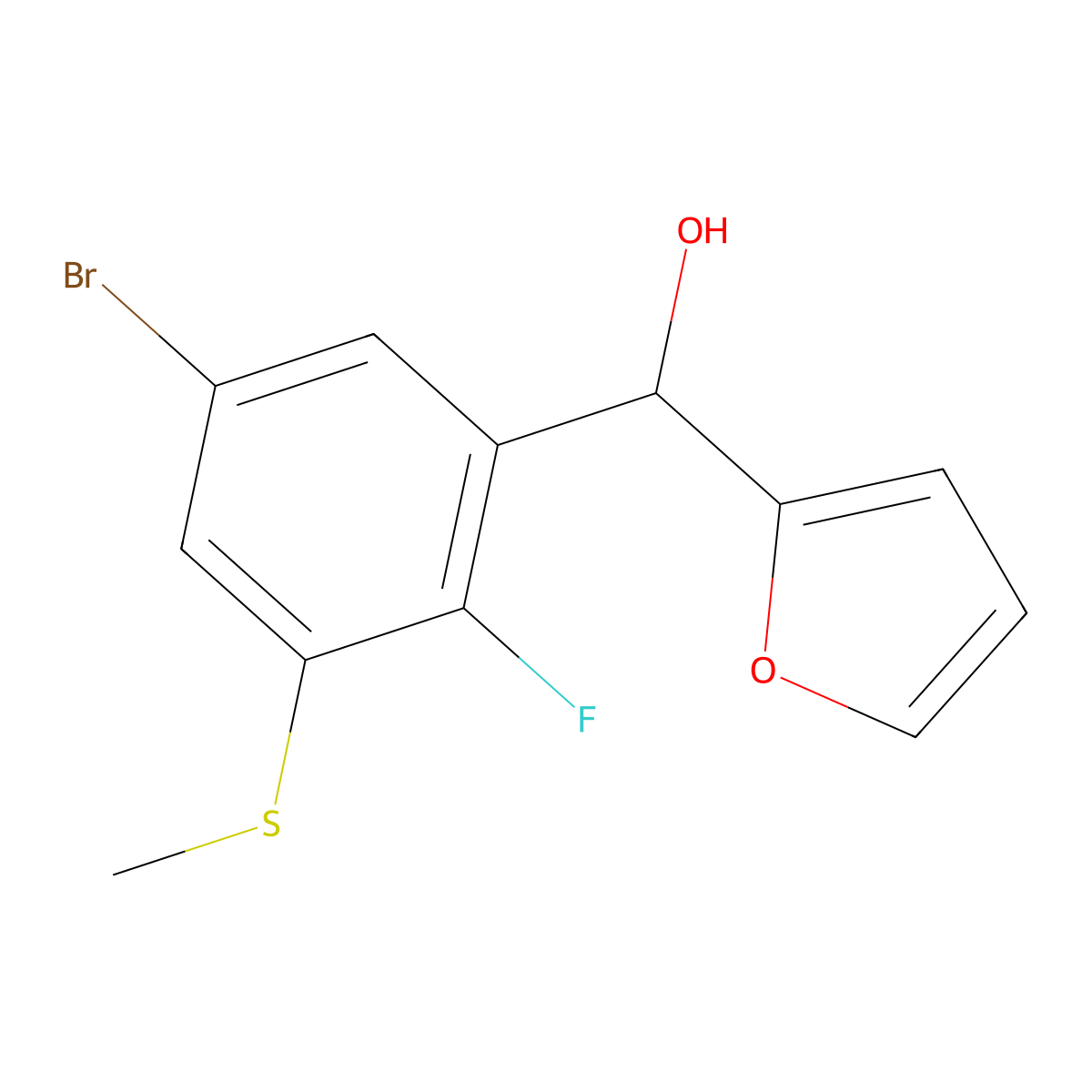 (5-Bromo-2-fluoro-3-(methylthio)phenyl)(furan-2-yl)methanol molecular structure, CAS 2921848-38-4
