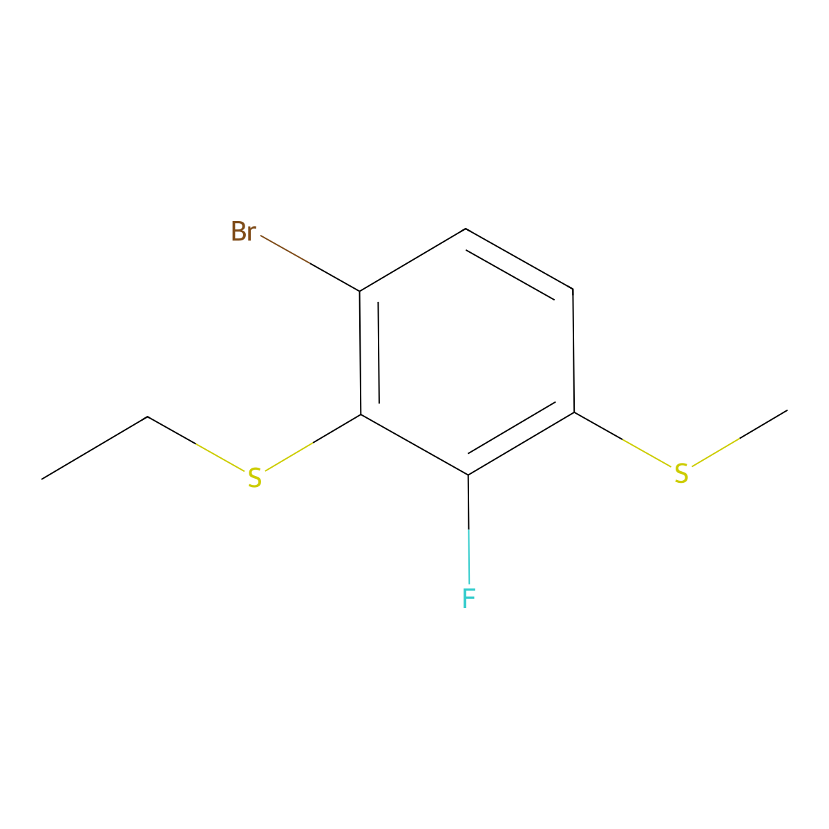 (6-Bromo-2-fluoro-3-(methylthio)phenyl)(ethyl)sulfane molecular structure, CAS 2921906-72-9
