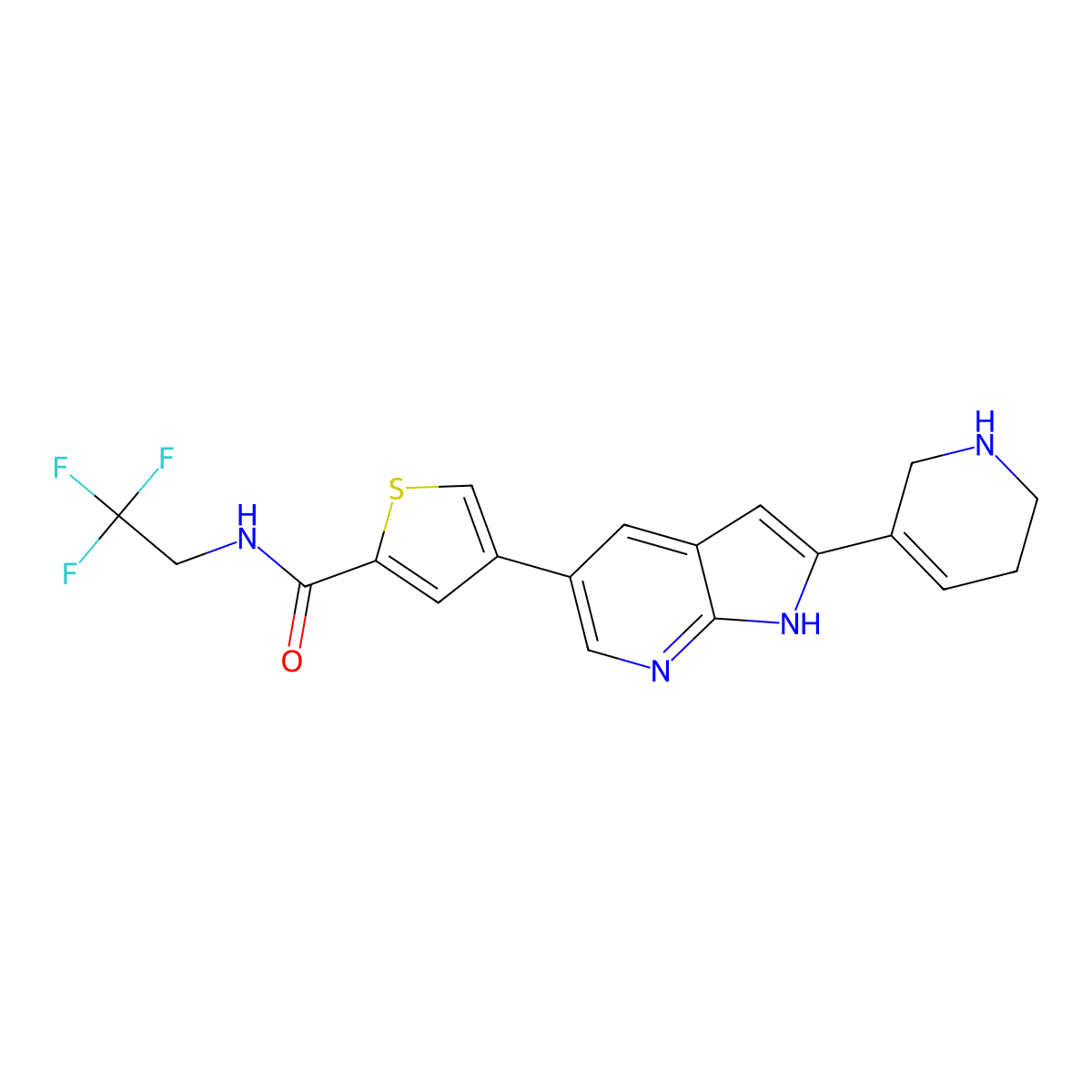 4-[2-(1,2,3,6-tetrahydropyridin-5-yl)-1H-pyrrolo[2,3-b]pyridin-5-yl]-N-(2,2,2-trifluoroethyl)thiophene-2-carboxamide molecular structure, CAS 2922531-69-7