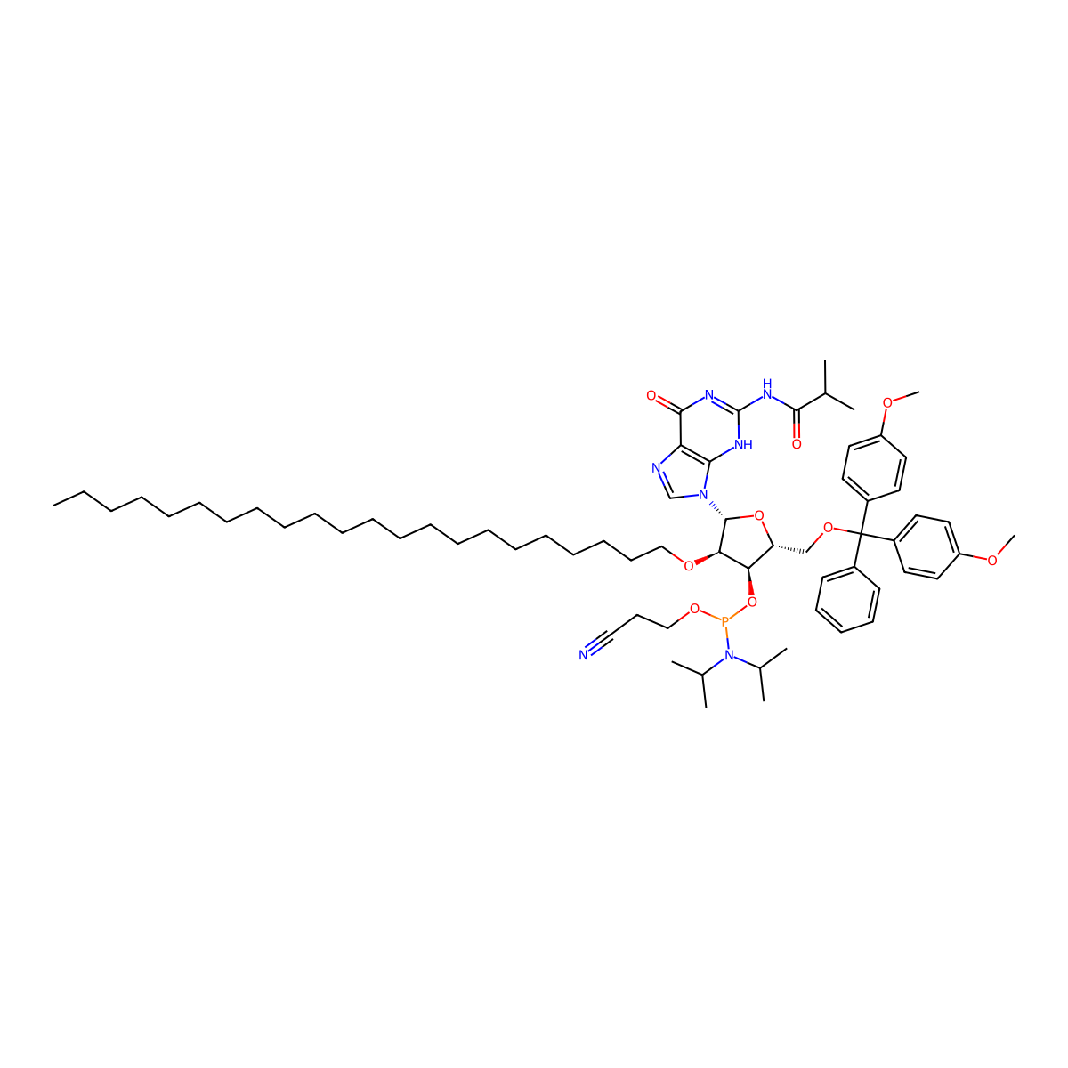 N-[9-[(2R,3R,4R,5R)-5-[[bis(4-methoxyphenyl)-phenylmethoxy]methyl]-4-[2-cyanoethoxy-[di(propan-2-yl)amino]phosphanyl]oxy-3-docosoxyoxolan-2-yl]-6-oxo-1H-purin-2-yl]-2-methylpropanamide molecular structure, CAS 2923115-75-5