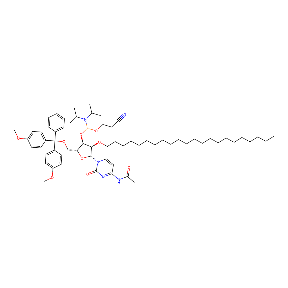 (2R,3R,4R,5R)-5-(4-Acetamido-2-oxopyrimidin-1(2H)-yl)-2-((bis(4-methoxyphenyl)(phenyl)methoxy)methyl)-4-(docosyloxy)tetrahydrofuran-3-yl (2-cyanoethyl) diisopropylphosphoramidite molecular structure, CAS 2923115-93-7