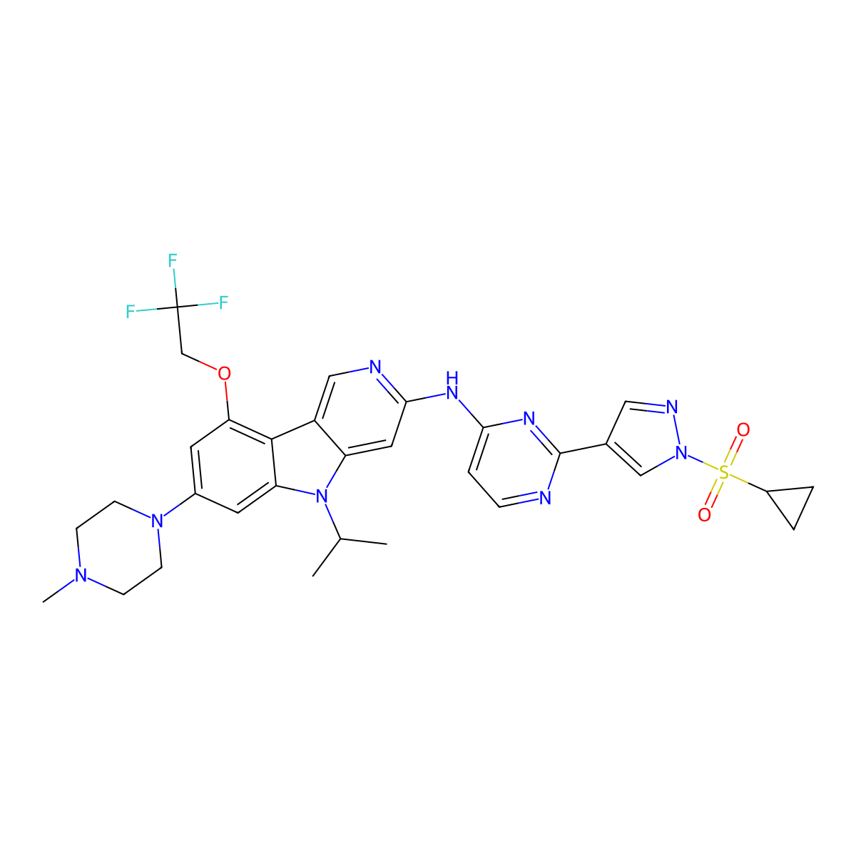 N-(2-(1-(Cyclopropylsulfonyl)-1H-pyrazol-4-yl)pyrimidin-4-yl)-5-isopropyl-7-(4-methylpiperazin-1-yl)-9-(2,2,2-trifluoroethoxy)-5H-pyrido[4,3-b]indol-3-amine molecular structure, CAS 2923365-71-1