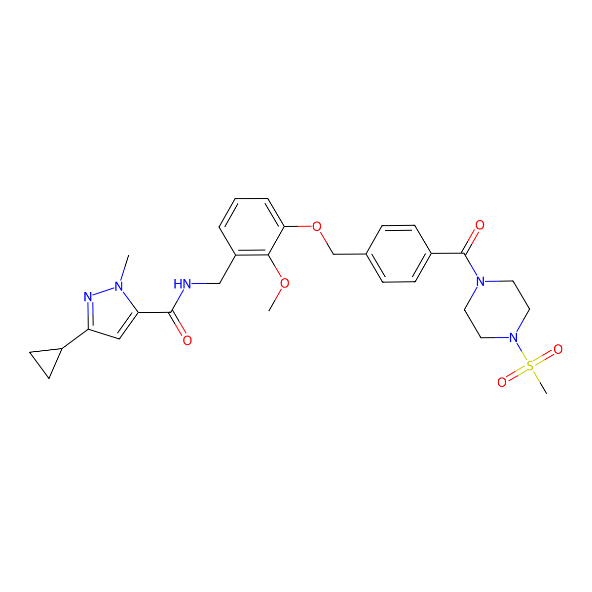 3-cyclopropyl-N-[[2-methoxy-3-[[4-(4-methylsulfonylpiperazine-1-carbonyl)phenyl]methoxy]phenyl]methyl]-1-methylpyrazole-5-carboxamide molecular structure, CAS 2923674-83-1