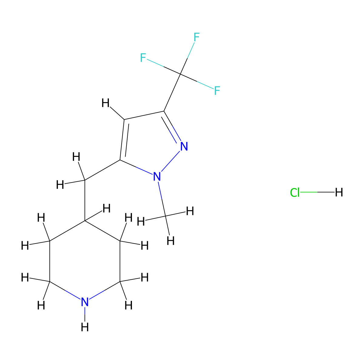 4-{[1-methyl-3-(trifluoromethyl)-1H-pyrazol-5-yl]methyl}piperidine hydrochloride molecular structure, CAS 2923841-16-9