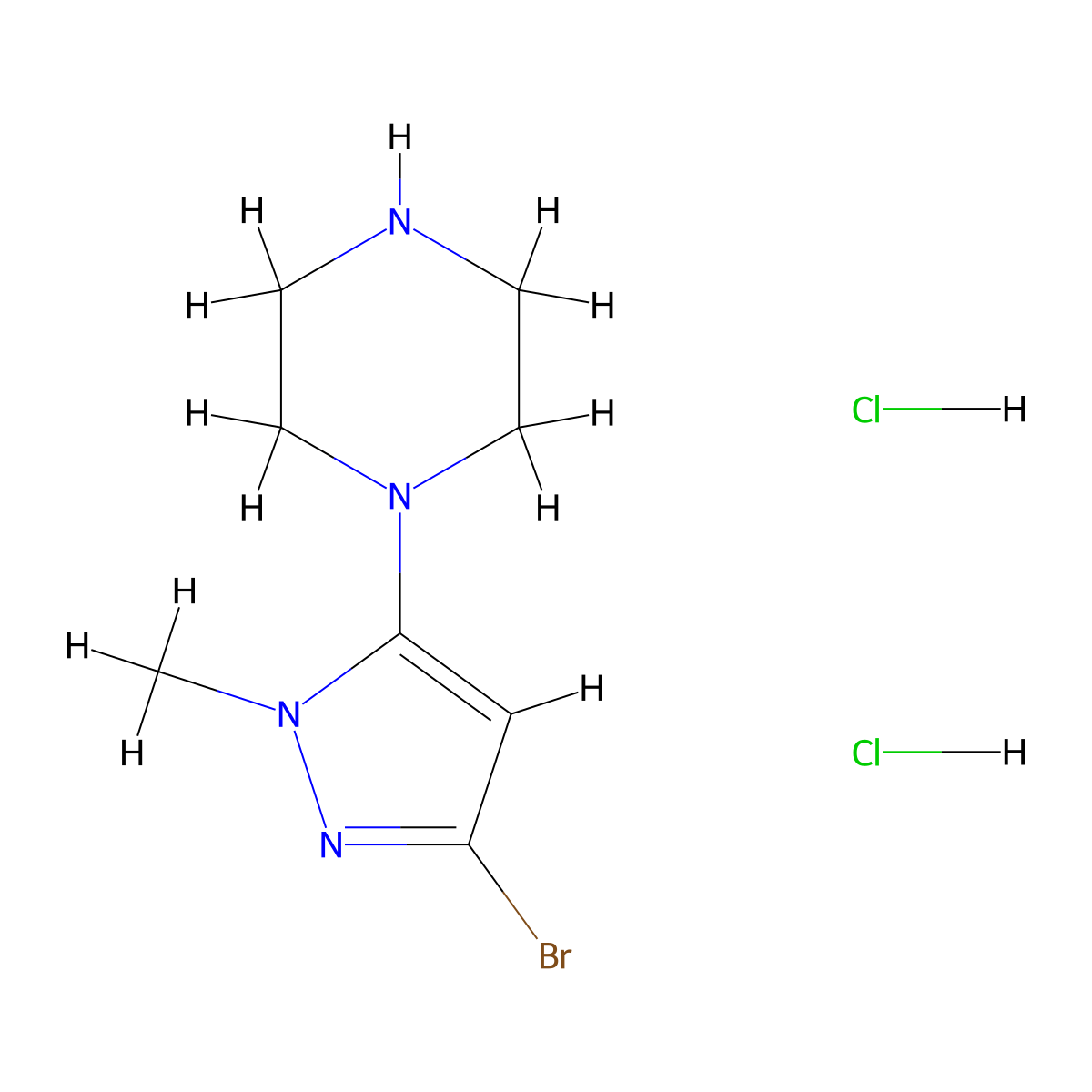 1-(3-bromo-1-methyl-1H-pyrazol-5-yl)piperazine dihydrochloride molecular structure, CAS 2923841-43-2