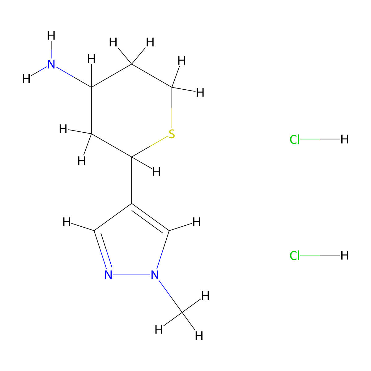 2-(1-methyl-1H-pyrazol-4-yl)thian-4-amine dihydrochloride molecular structure, CAS 2923843-12-1