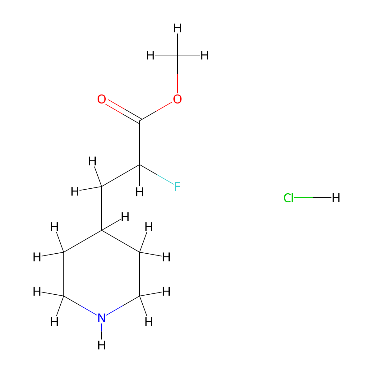 Methyl 2-fluoro-3-(piperidin-4-yl)propanoate hydrochloride molecular structure, CAS 2923843-27-8