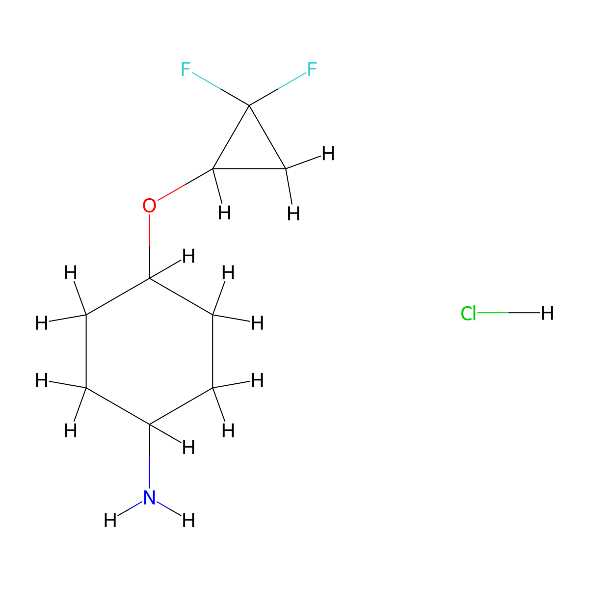 4-(2,2-Difluorocyclopropyl)oxycyclohexan-1-amine;hydrochloride molecular structure, CAS 2923843-72-3