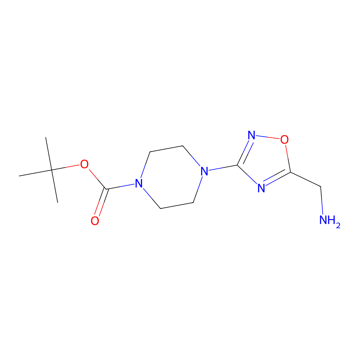 Tert-butyl 4-[5-(aminomethyl)-1,2,4-oxadiazol-3-yl]piperazine-1-carboxylate molecular structure, CAS 2924095-16-7