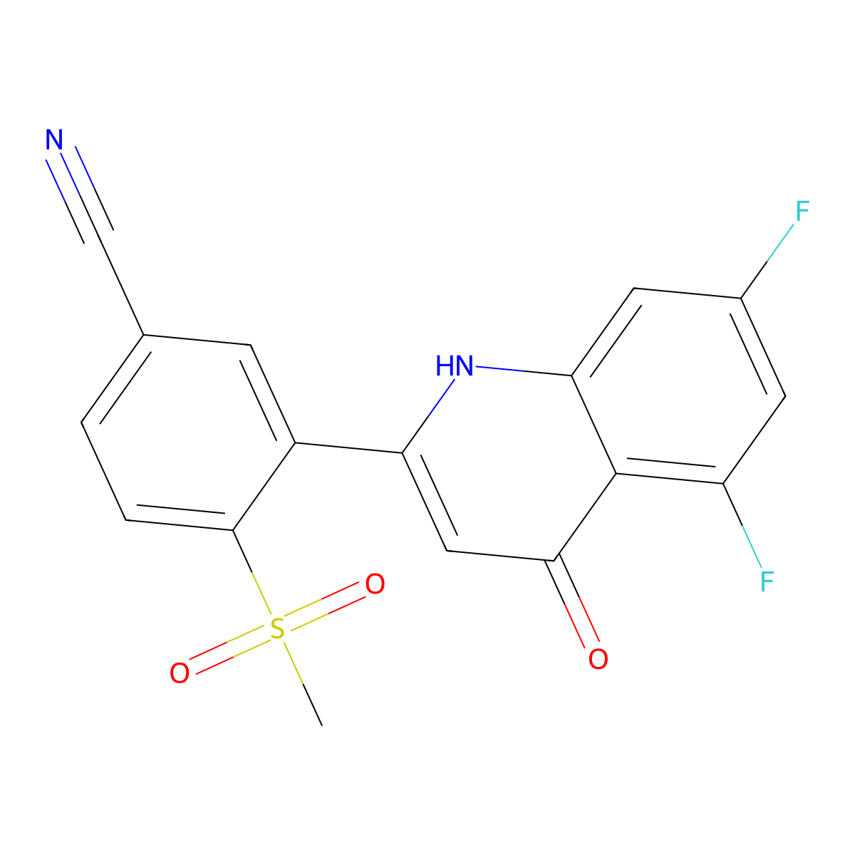 3-(5,7-Difluoro-4-oxo-1,4-dihydroquinolin-2-yl)-4-(methylsulfonyl)benzonitrile molecular structure, CAS 2924573-90-8