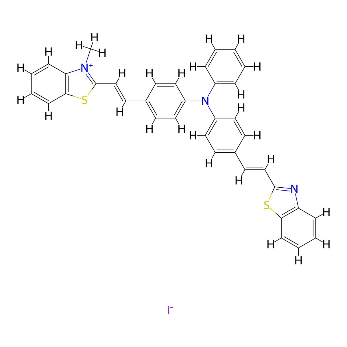4-[(E)-2-(1,3-benzothiazol-2-yl)ethenyl]-N-[4-[(E)-2-(3-methyl-1,3-benzothiazol-3-ium-2-yl)ethenyl]phenyl]-N-phenylaniline iodide molecular structure, CAS 2924598-24-1