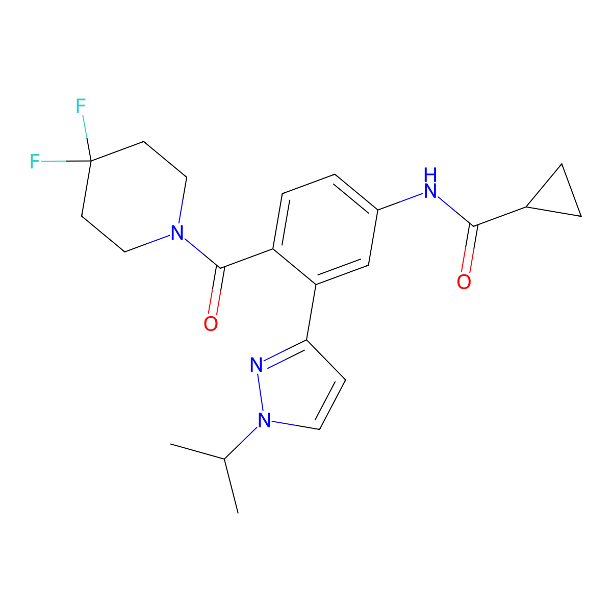 N-[4-(4,4-difluoropiperidine-1-carbonyl)-3-[1-(propan-2-yl)-1H-pyrazol-3-yl]phenyl]cyclopropanecarboxamide molecular structure, CAS 2924750-40-1