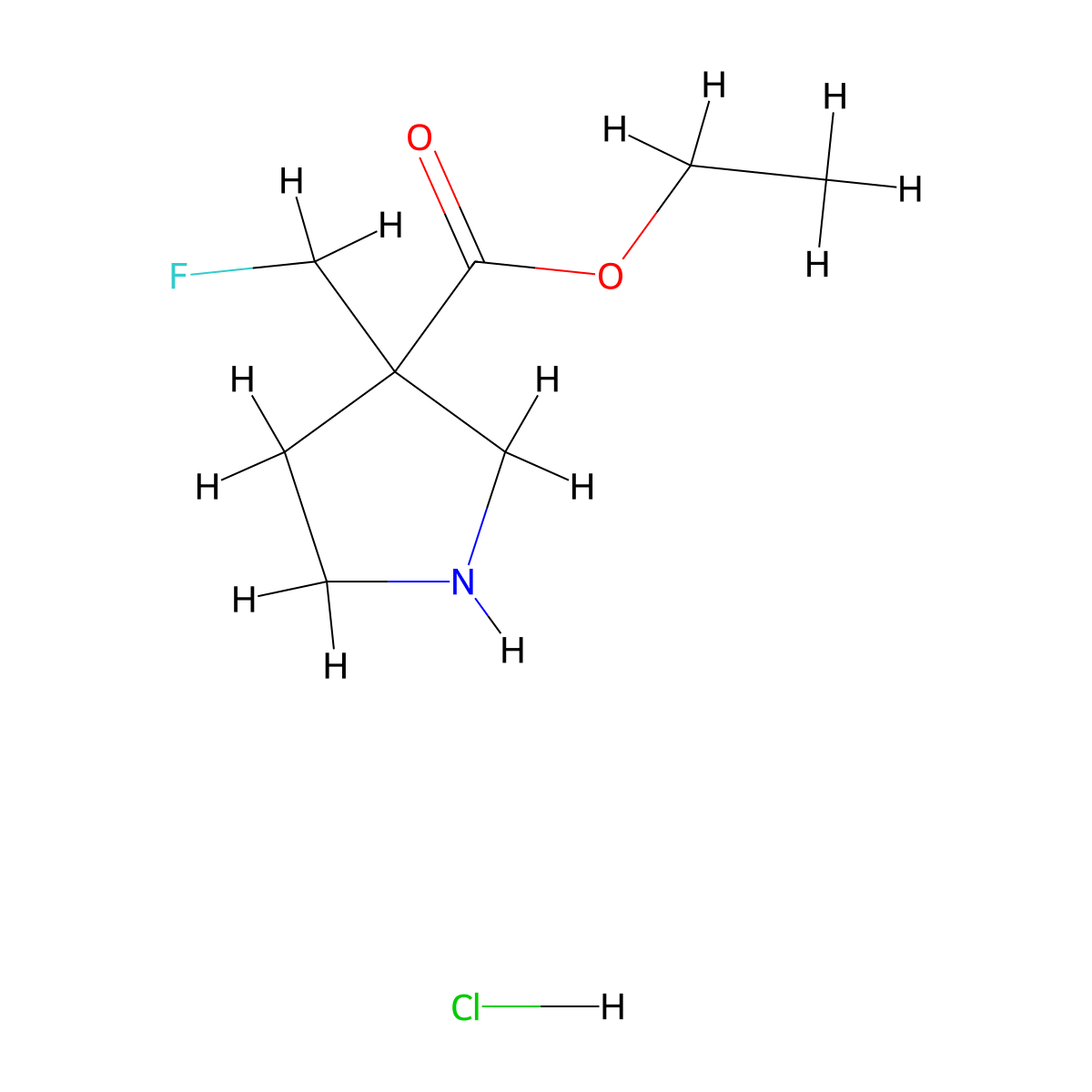Ethyl 3-(fluoromethyl)pyrrolidine-3-carboxylate hydrochloride molecular structure, CAS 2924824-29-1