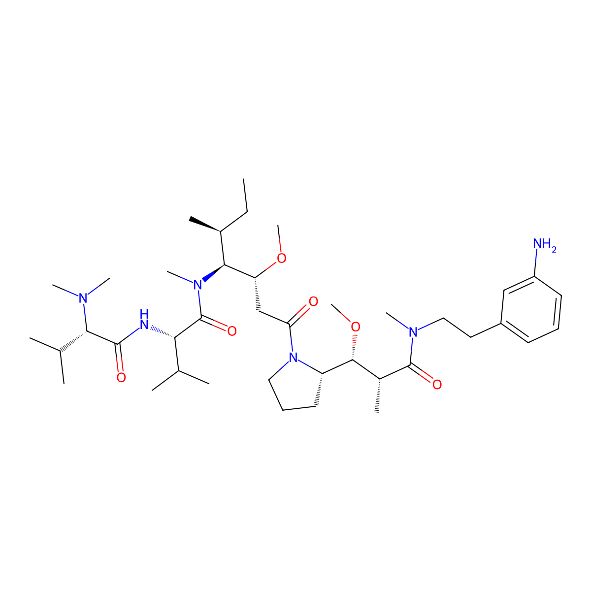 (S)-N-((3R,4S,5S)-1-((S)-2-((1R,2R)-3-((3-aminophenethyl)(methyl)amino)-1-methoxy-2-methyl-3-oxopropyl)pyrrolidin-1-yl)-3-methoxy-5-methyl-1-oxoheptan-4-yl)-2-((S)-2-(dimethylamino)-3-methylbutanamido)-N,3-dimethylbutanamide molecular structure, CAS 2925289-44-5