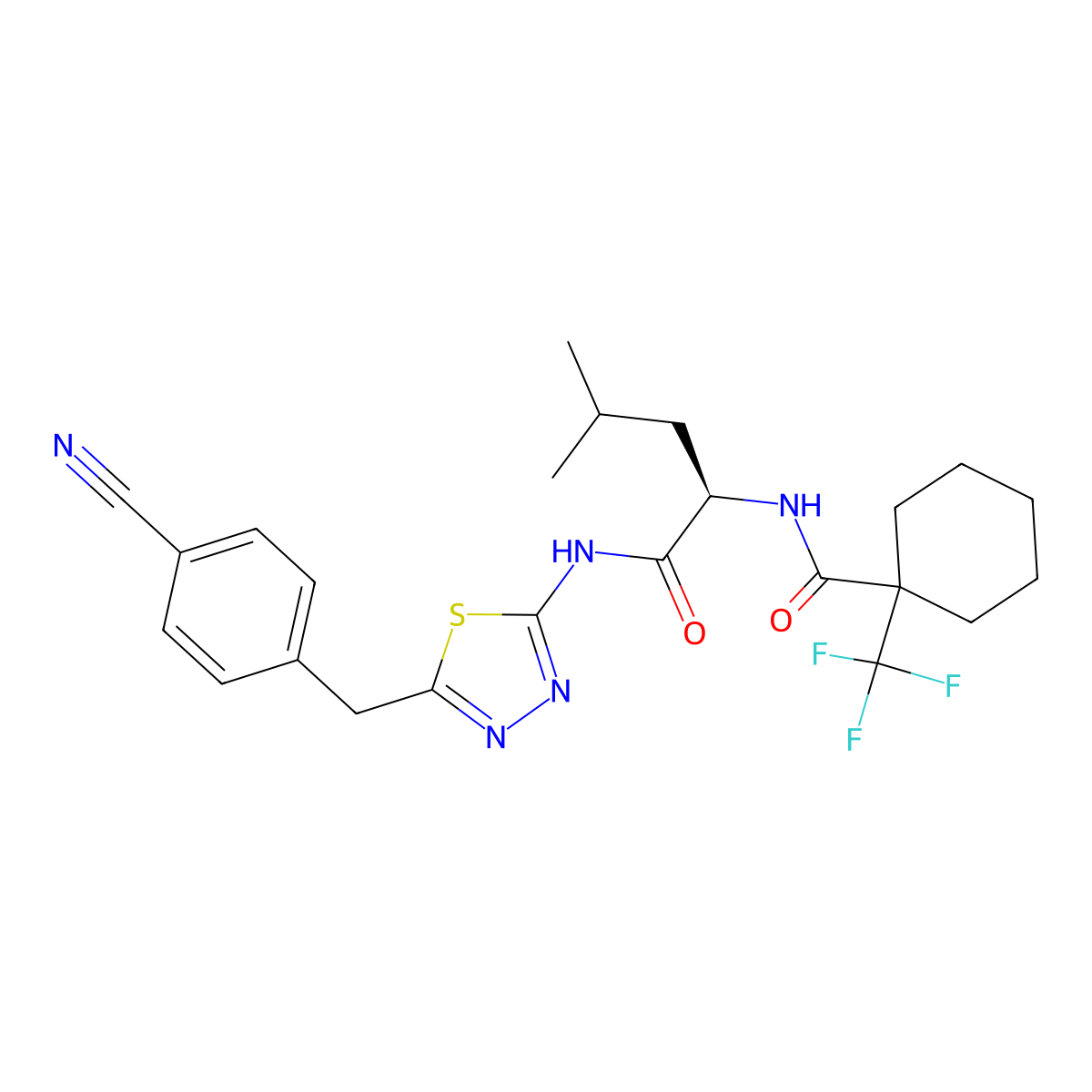 (R)-N-(1-((5-(4-Cyanobenzyl)-1,3,4-thiadiazol-2-yl)amino)-4-methyl-1-oxopentan-2-yl)-1-(trifluoromethyl)cyclohexane-1-carboxamide molecular structure, CAS 2925481-88-3