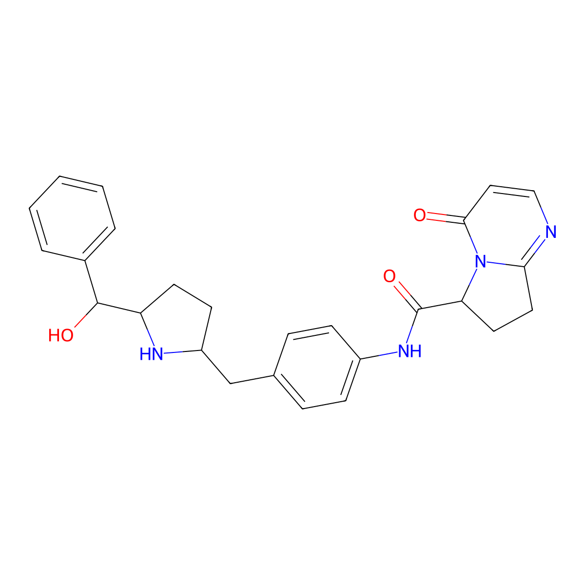 N-(4-((5-(hydroxy(phenyl)methyl)pyrrolidin-2-yl)methyl)phenyl)-4-oxo-4,6,7,8-tetrahydropyrrolo(1,2-a)pyrimidine-6-carboxamide molecular structure, CAS 2925661-36-3