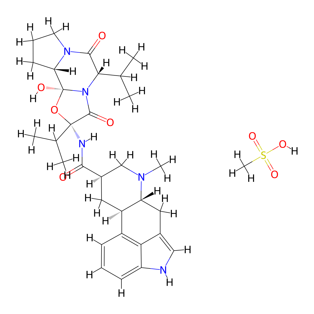 Ergotaman-3',6',18-trione, 9,10-dihydro-12'-hydroxy-2',5'-bis(1-methylethyl)-, (5'alpha,10alpha)-, methanesulfonate (1:1) molecular structure, CAS 29261-94-7
