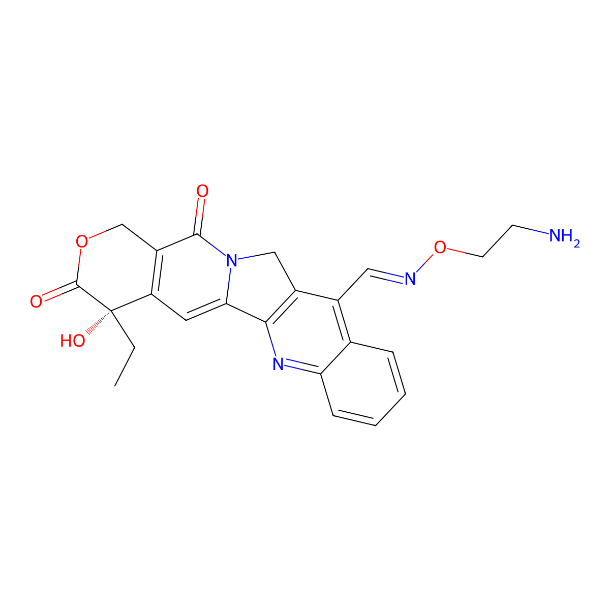 (S)-4-Ethyl-4-hydroxy-3,14-dioxo-3,4,12,14-tetrahydro-1H-pyrano[3',4':6,7]indolizino[1,2-b]quinoline-11-carbaldehyde O-(2-aminoethyl) oxime molecular structure, CAS 292621-05-7