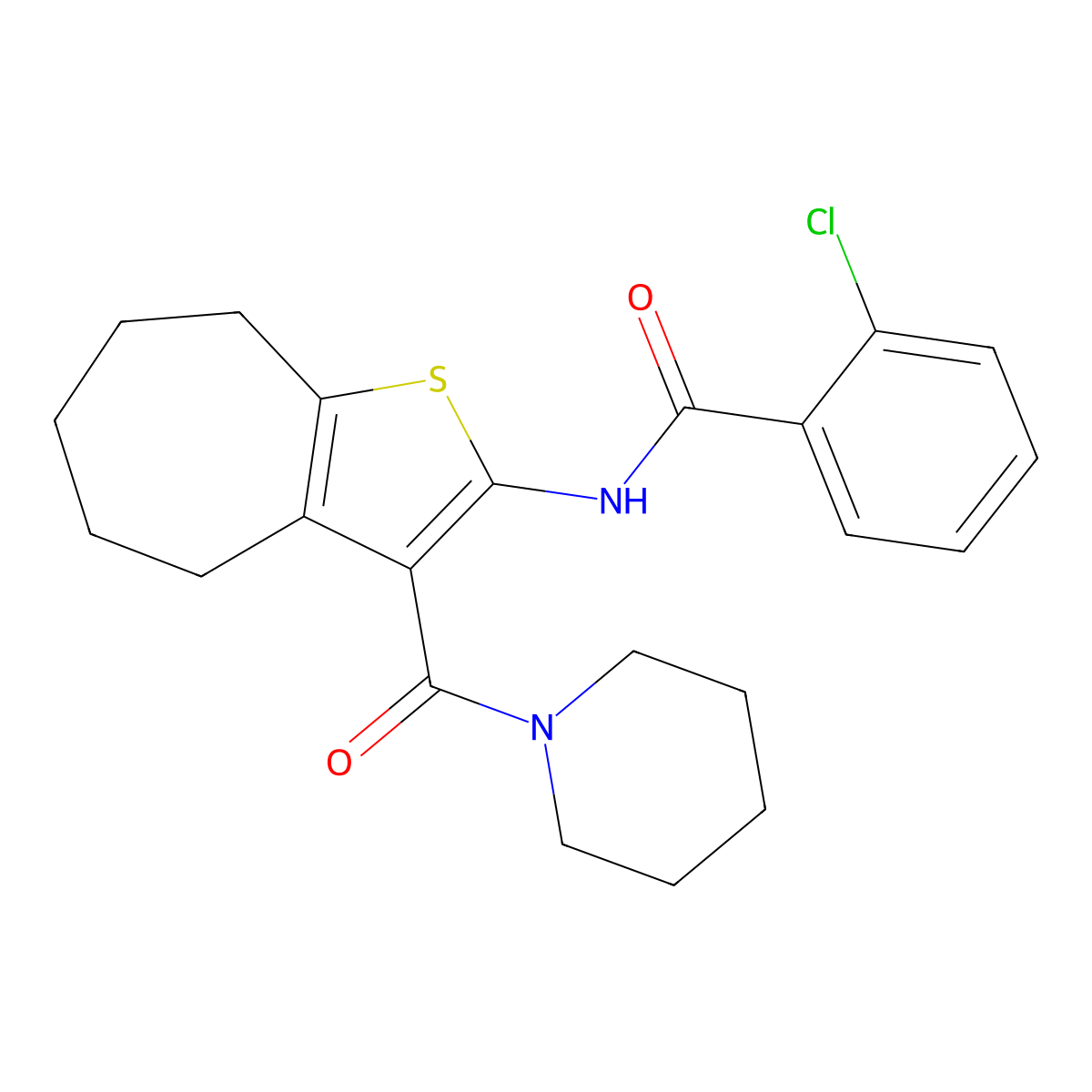 2-chloro-N-[3-(piperidine-1-carbonyl)-5,6,7,8-tetrahydro-4H-cyclohepta[b]thiophen-2-yl]benzamide molecular structure, CAS 292639-87-3