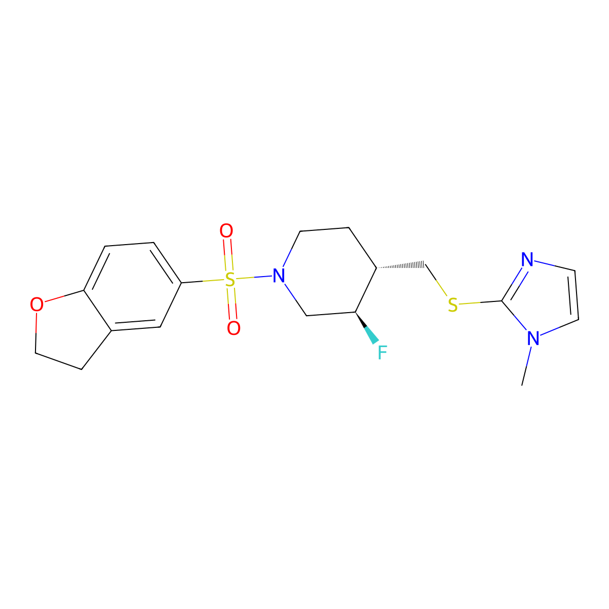 (3R,4S)-1-(2,3-dihydro-1-benzofuran-5-ylsulfonyl)-3-fluoro-4-((1-methylimidazol-2-yl)sulfanylmethyl)piperidine molecular structure, CAS 2926782-31-0