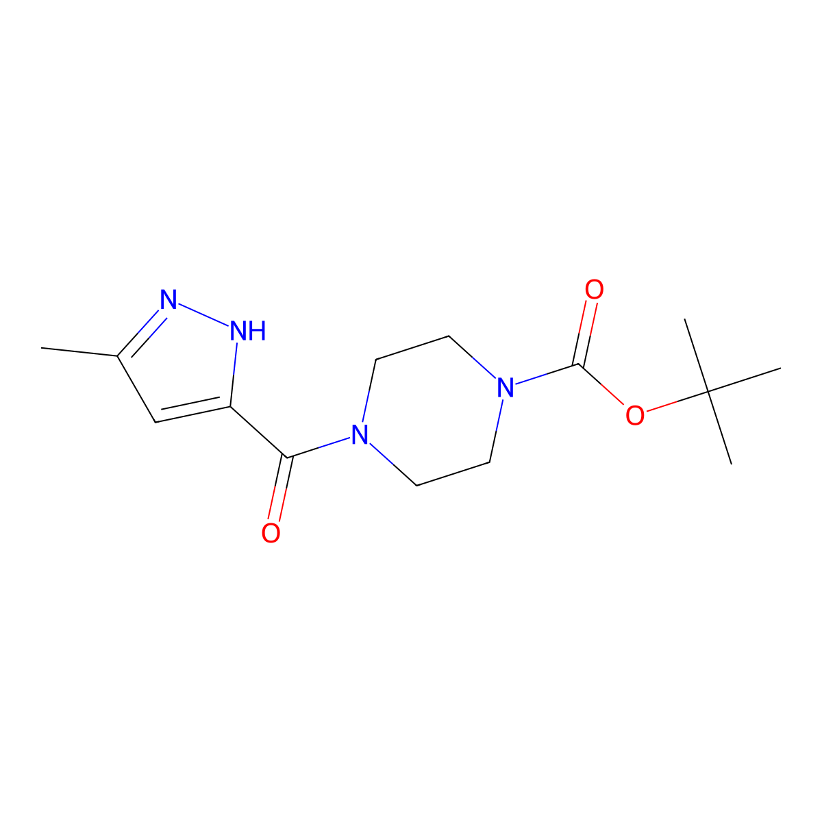 tert-butyl 4-[(3-methyl-1H-pyrazol-5-yl)carbonyl]piperazine-1-carboxylate molecular structure, CAS 2927069-85-8