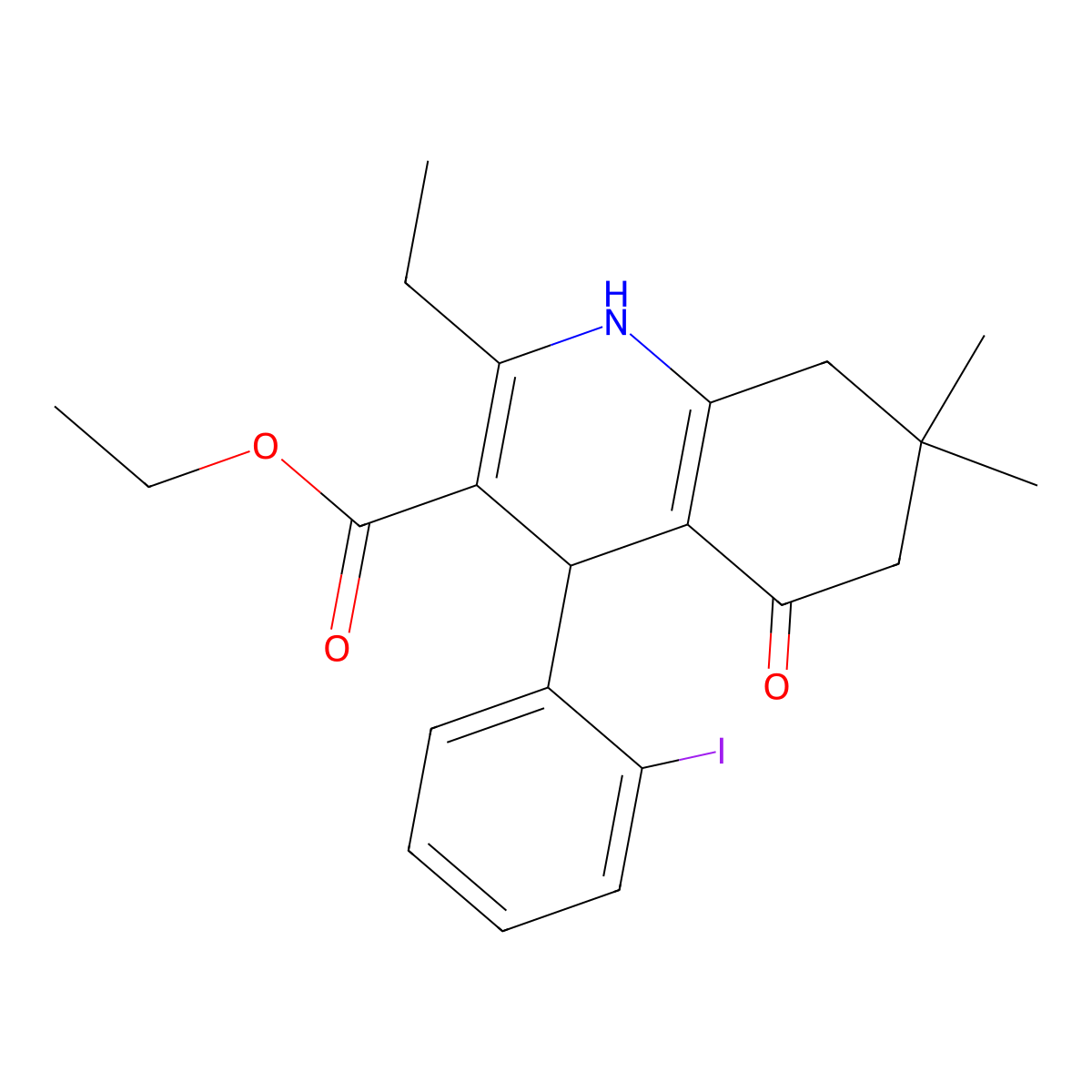 Ethyl 2-ethyl-4-(2-iodophenyl)-7,7-dimethyl-5-oxo-1,4,5,6,7,8-hexahydroquinoline-3-carboxylate molecular structure, CAS 292852-38-1