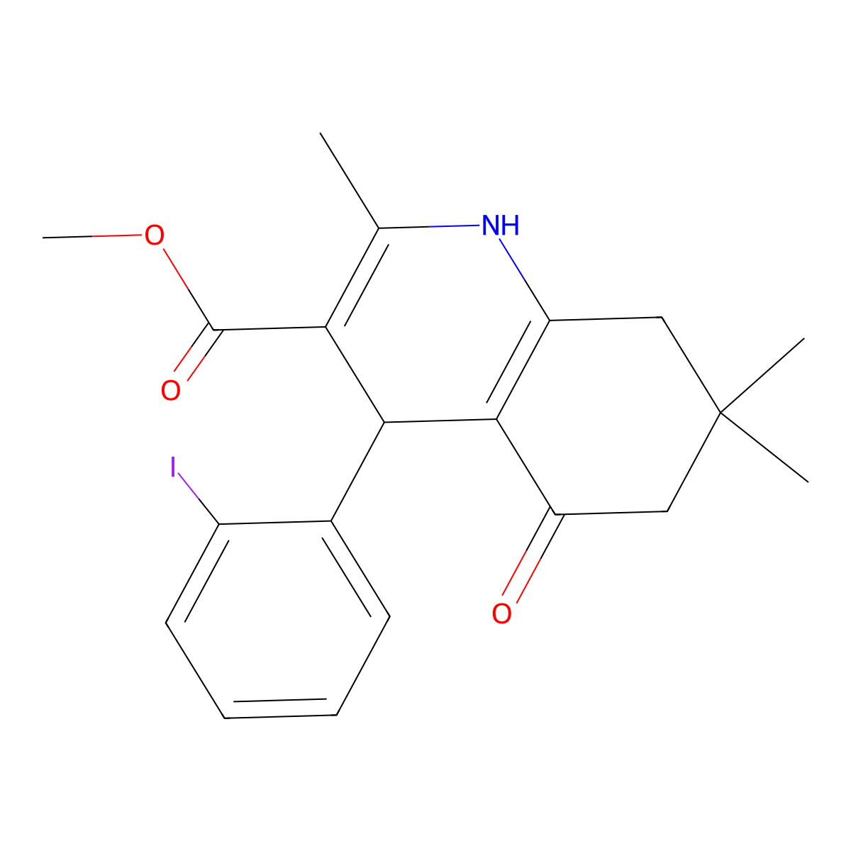 Methyl 4-(2-iodophenyl)-2,7,7-trimethyl-5-oxo-1,4,5,6,7,8-hexahydroquinoline-3-carboxylate molecular structure, CAS 292852-41-6