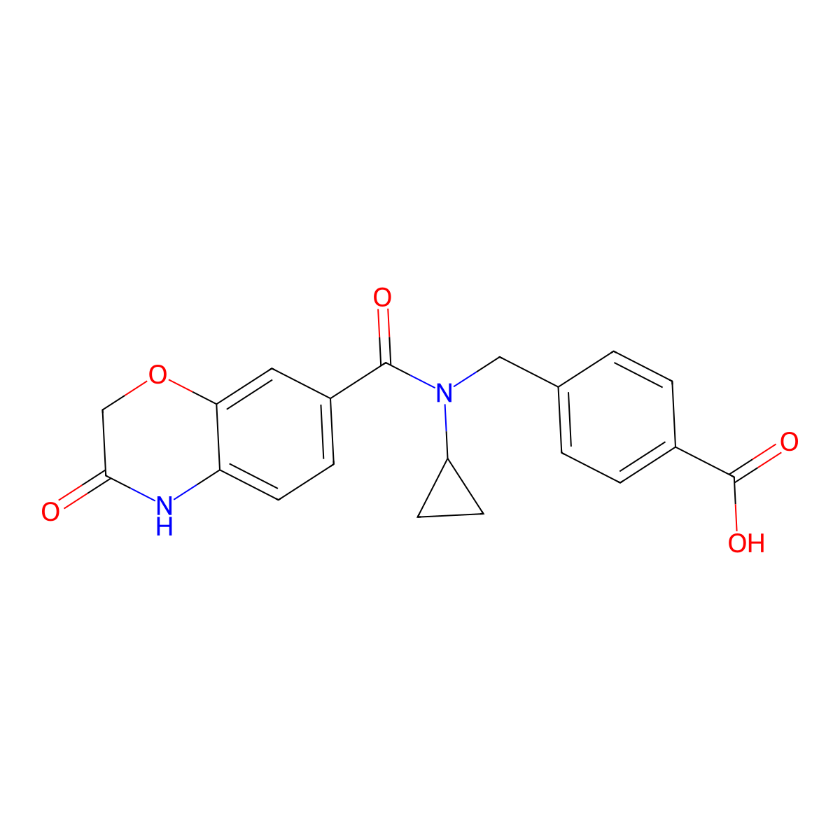 4-((N-cyclopropyl-3-oxo-3,4-dihydro-2H-benzo[b][1,4]oxazine-7-carboxamido)methyl)benzoic acid molecular structure, CAS 2929305-23-5