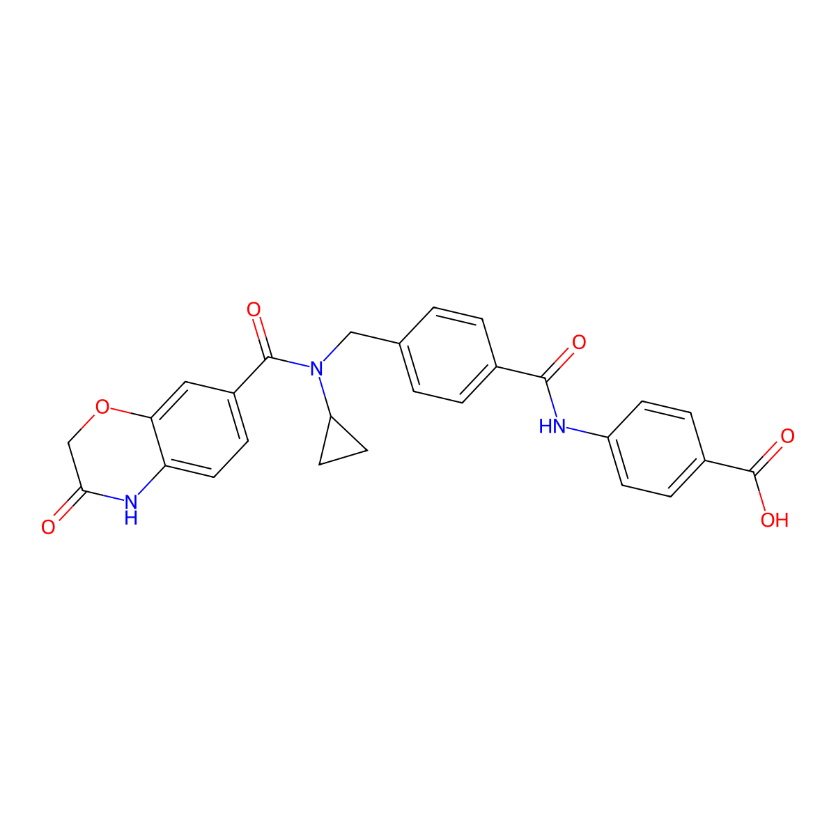 4-(4-((N-cyclopropyl-3-oxo-3,4-dihydro-2H-benzo[b][1,4]oxazine-7-carboxamido)methyl)benzamido)benzoic acid molecular structure, CAS 2929306-91-0