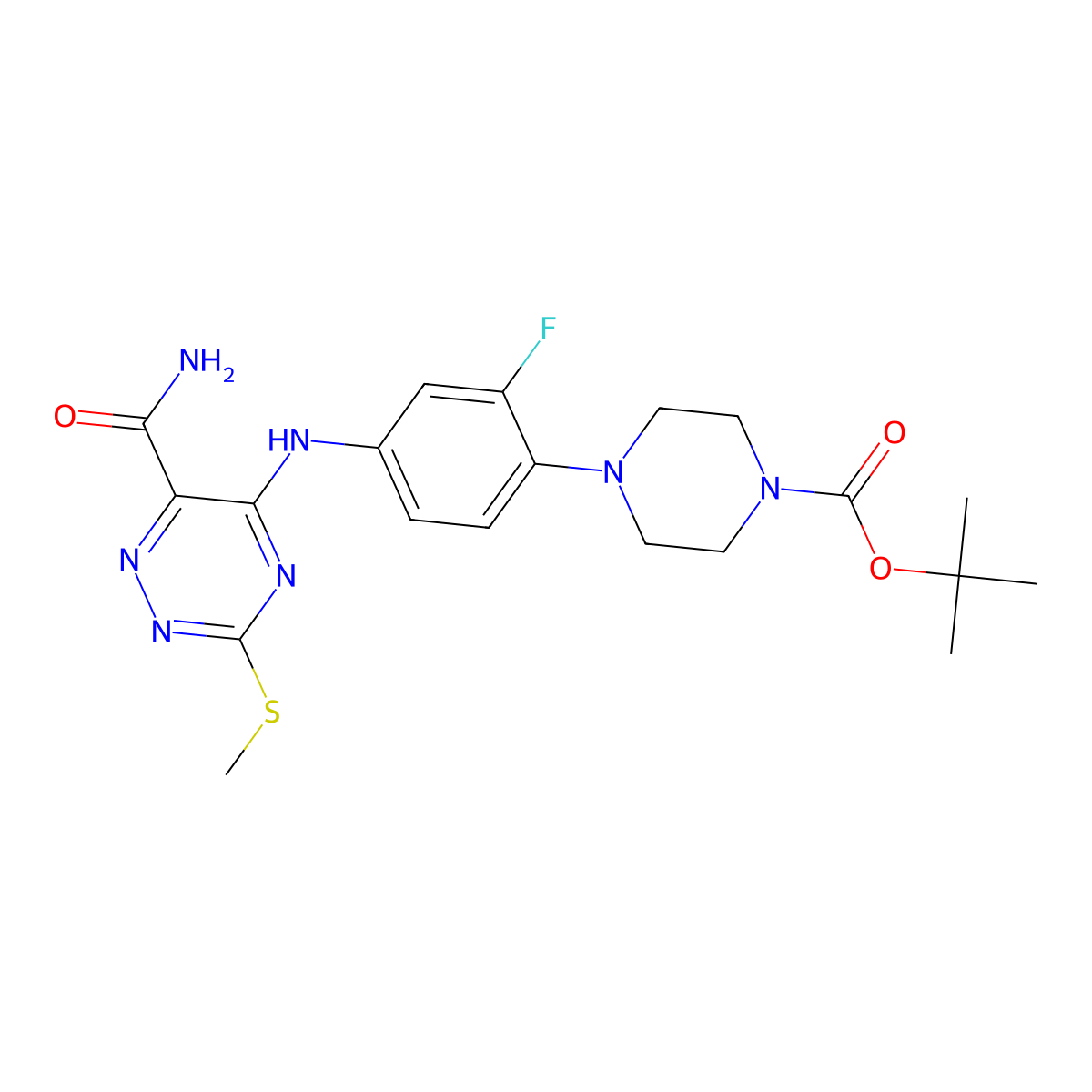 1-Boc-4-[4-[[6-carbamoyl-3-(methylthio)-1,2,4-triazin-5-yl]amino]-2-fluorophenyl]piperazine molecular structure, CAS 2930765-95-8