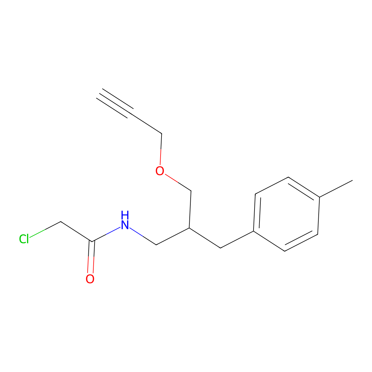 2-chloro-N-{2-[(4-methylphenyl)methyl]-3-(prop-2-yn-1-yloxy)propyl}acetamide molecular structure, CAS 2932440-49-6
