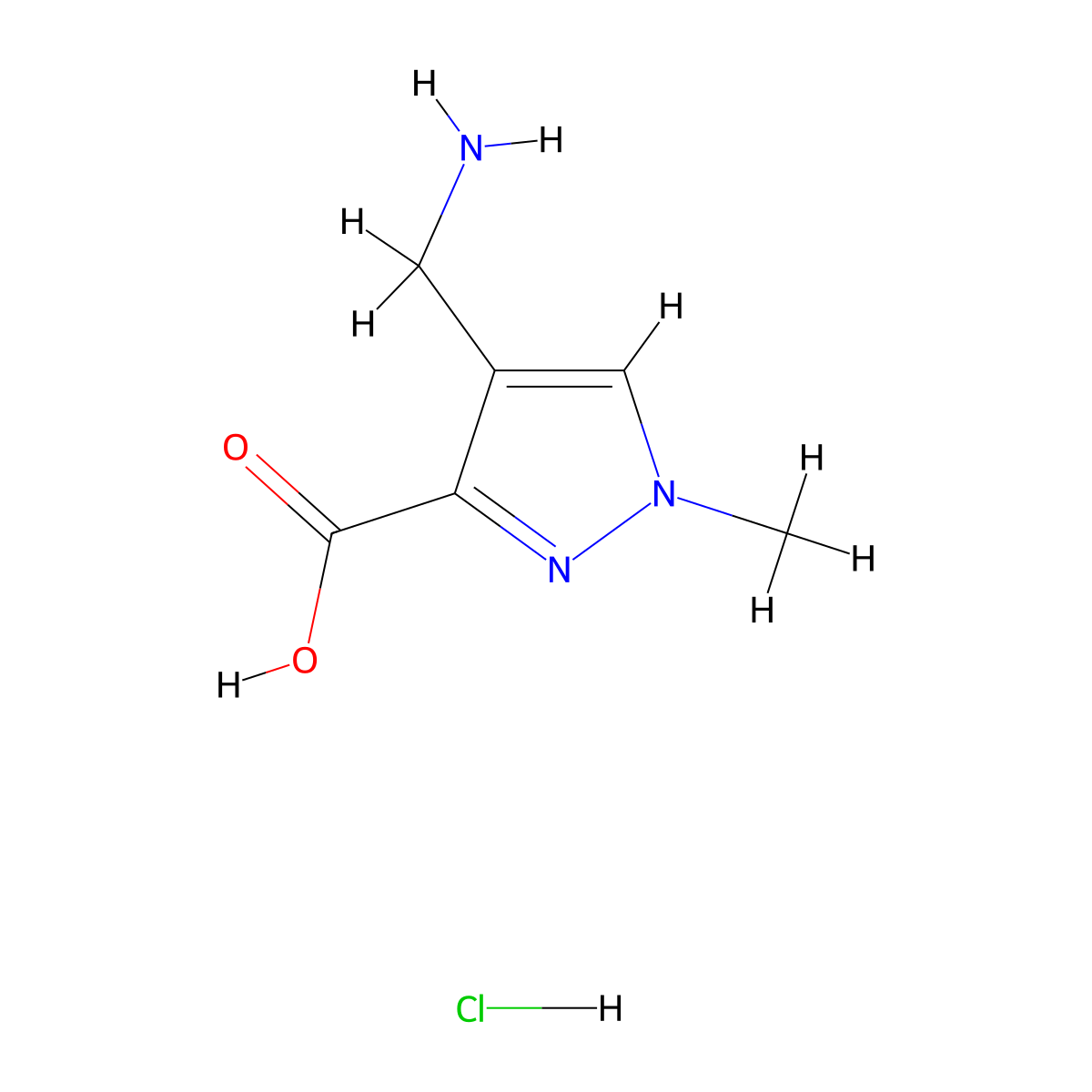 4-(aminomethyl)-1-methyl-1H-pyrazole-3-carboxylic acid hydrochloride molecular structure, CAS 2932441-12-6