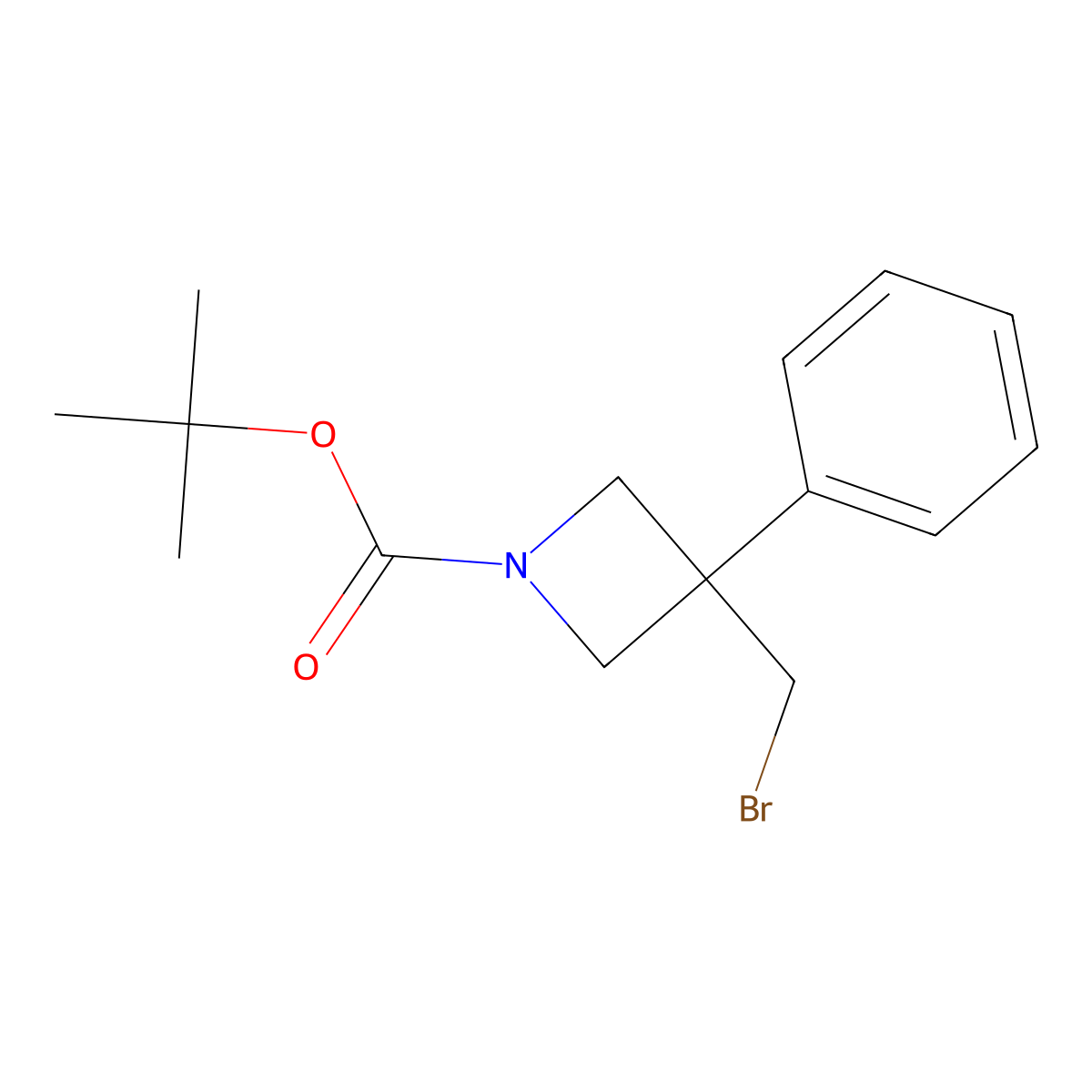 Tert-butyl 3-(bromomethyl)-3-phenylazetidine-1-carboxylate molecular structure, CAS 2932441-25-1
