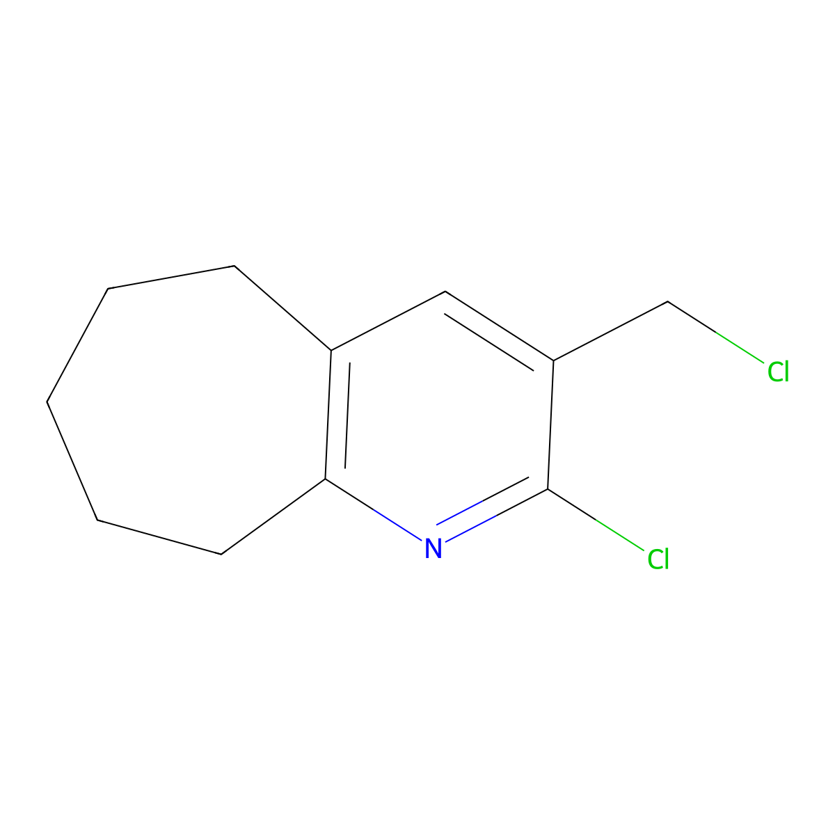 2-chloro-3-(chloromethyl)-5H,6H,7H,8H,9H-cyclohepta[b]pyridine molecular structure, CAS 2932443-69-9