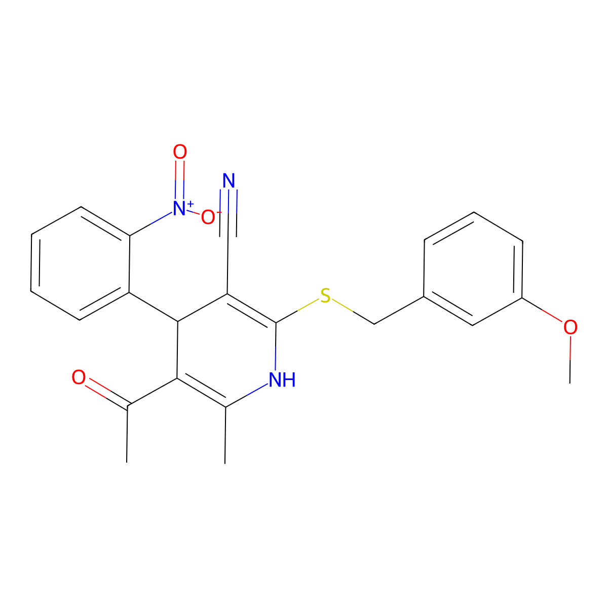 5-Acetyl-4-{2-nitrophenyl}-2-[(3-methoxybenzyl)sulfanyl]-6-methyl-1,4-dihydro-3-pyridinecarbonitrile molecular structure, CAS 293319-99-0