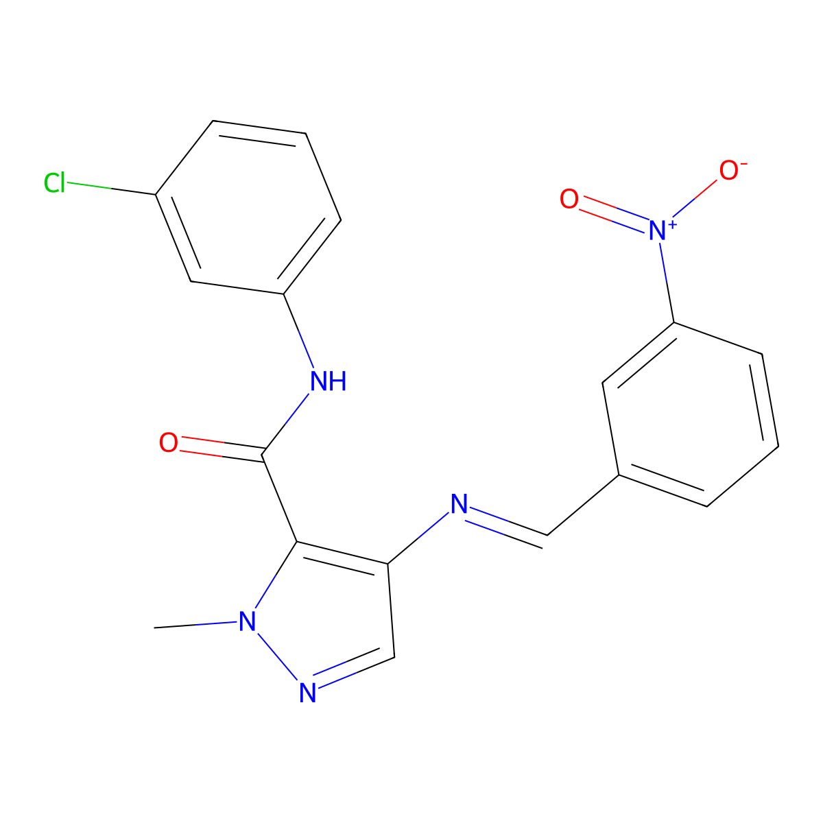 N-(3-chlorophenyl)-2-methyl-4-[(3-nitrophenyl)methylideneamino]pyrazole-3-carboxamide molecular structure, CAS 293323-85-0