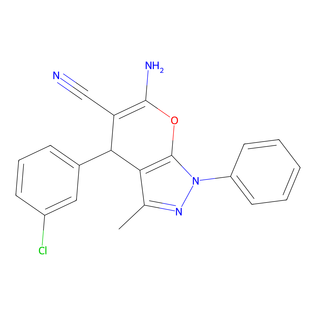 6-Amino-4-(3-chlorophenyl)-3-methyl-1-phenyl-1,4-dihydropyrano[2,3-c]pyrazole-5-carbonitrile molecular structure, CAS 293329-86-9