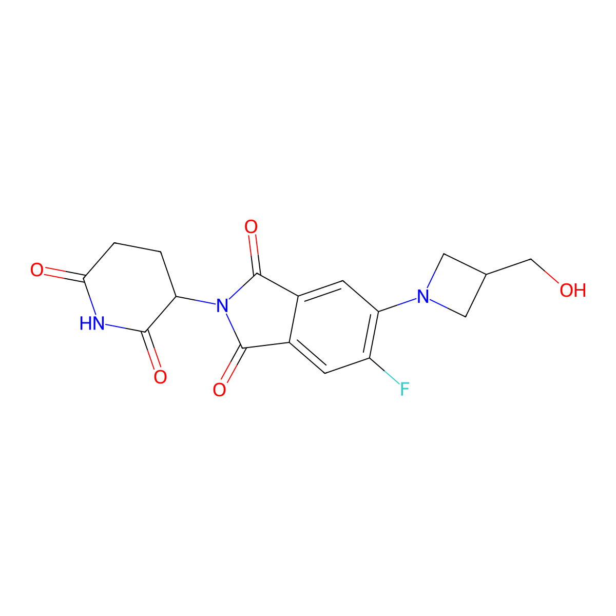 2-(2,6-Dioxopiperidin-3-yl)-5-fluoro-6-(3-(hydroxymethyl)azetidin-1-yl)isoindoline-1,3-dione molecular structure, CAS 2934621-29-9