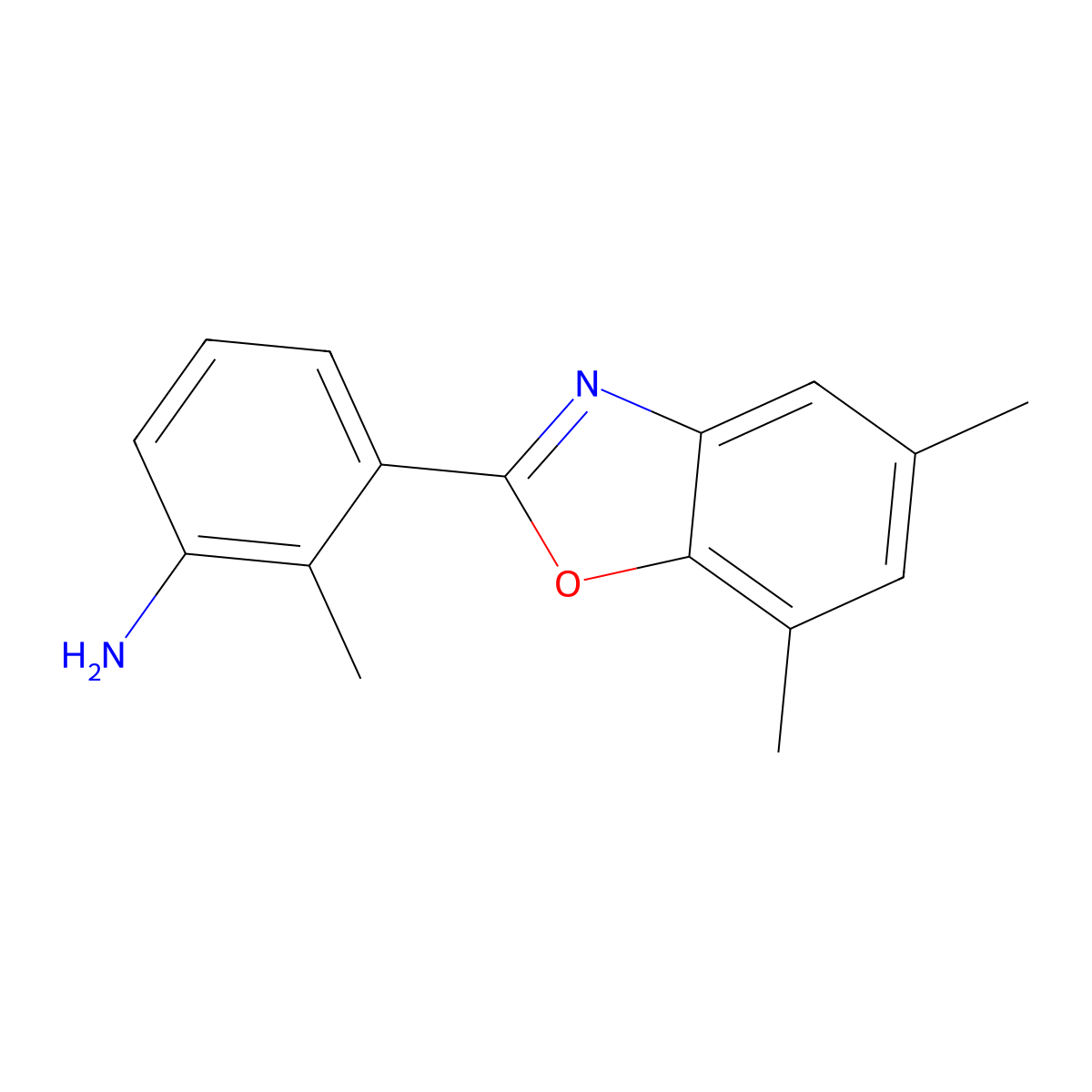 3-(5,7-Dimethyl-benzooxazol-2-yl)-2-methyl-phenylamine molecular structure, CAS 293737-76-5