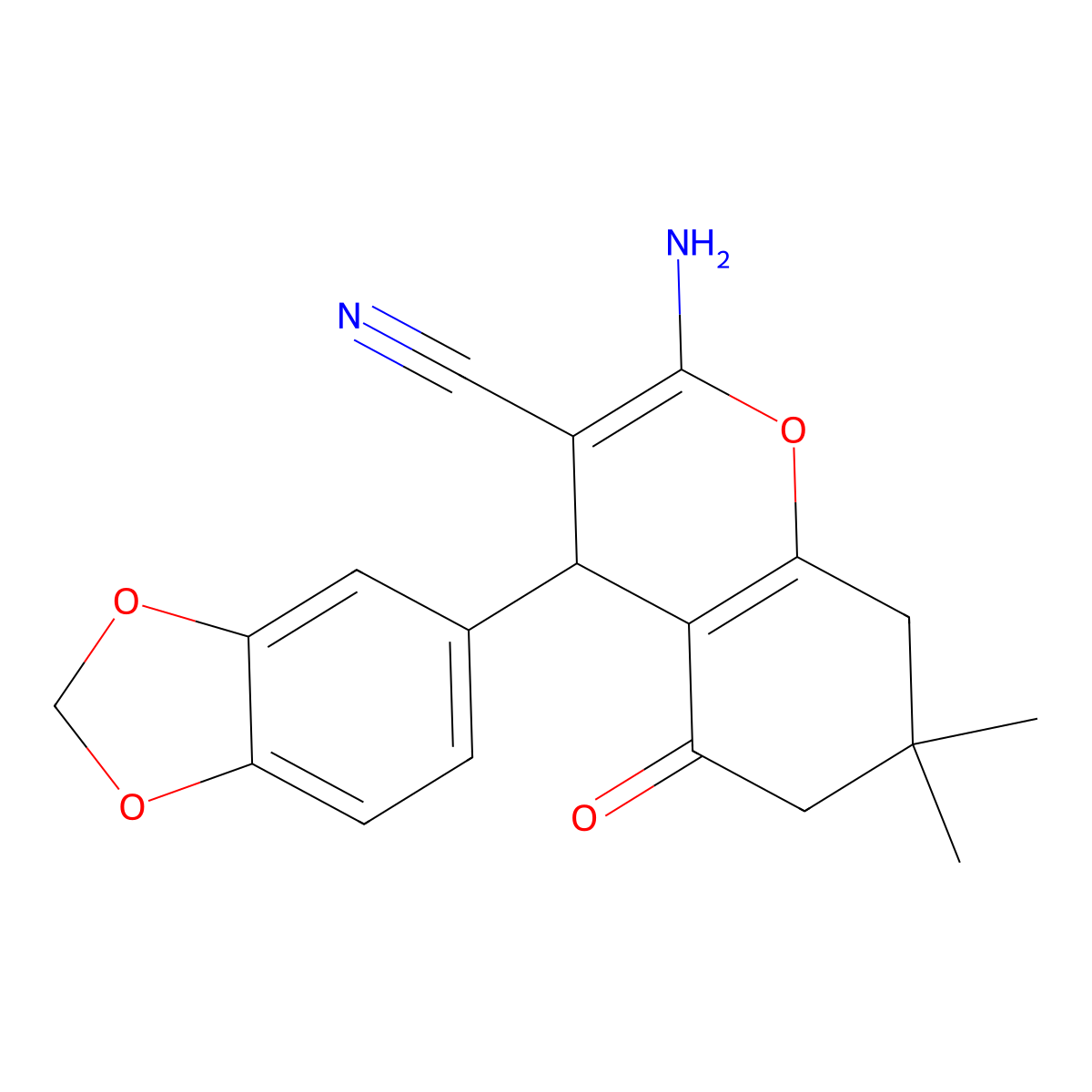 2-amino-4-(1,3-benzodioxol-5-yl)-7,7-dimethyl-5-oxo-5,6,7,8-tetrahydro-4H-chromene-3-carbonitrile molecular structure, CAS 293758-98-2