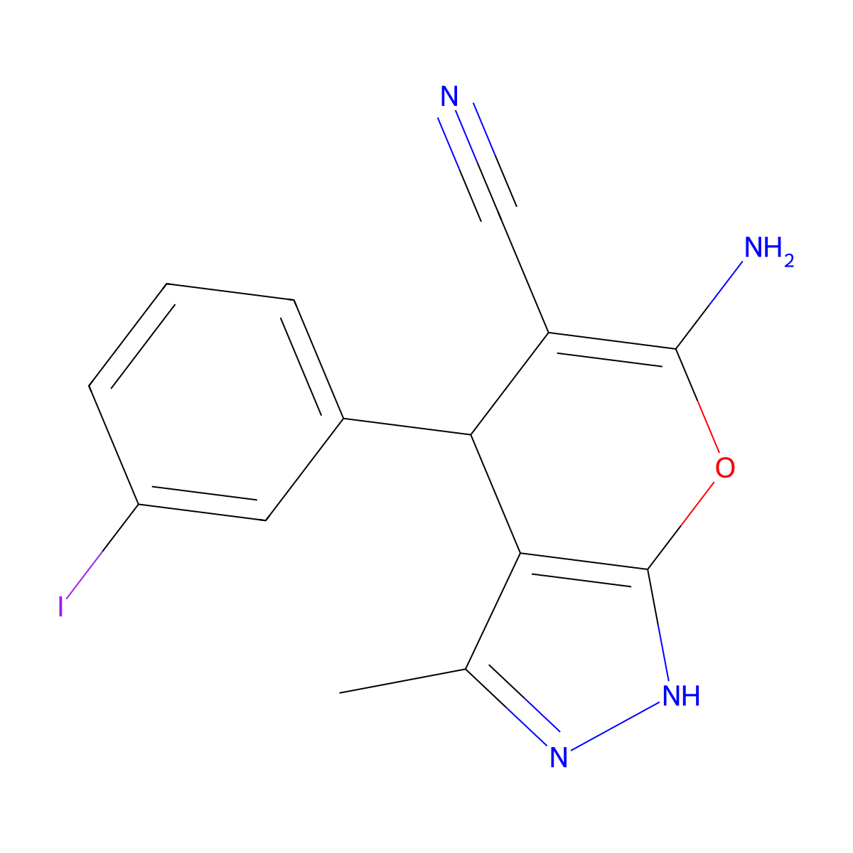 6-Amino-4-(3-iodophenyl)-3-methyl-1,4-dihydropyrano[2,3-c]pyrazole-5-carbonitrile molecular structure, CAS 293759-02-1
