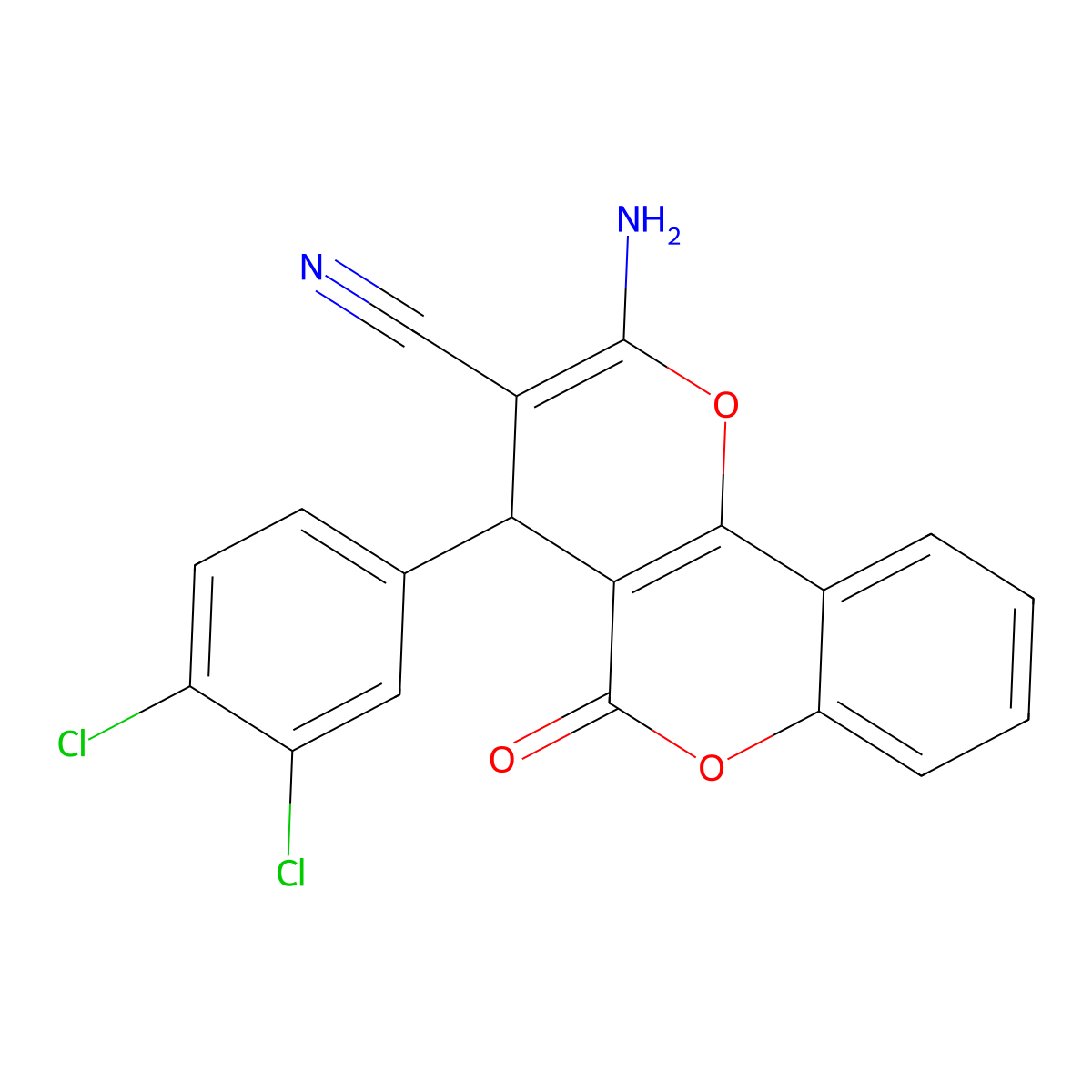 2-amino-4-(3,4-dichlorophenyl)-5-oxo-4H,5H-pyrano[3,2-c]chromene-3-carbonitrile molecular structure, CAS 293759-04-3