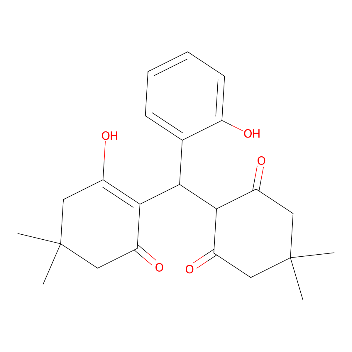 2-[(2-Hydroxy-4,4-dimethyl-6-oxocyclohexen-1-yl)-(2-hydroxyphenyl)methyl]-5,5-dimethylcyclohexane-1,3-dione molecular structure, CAS 293761-38-3