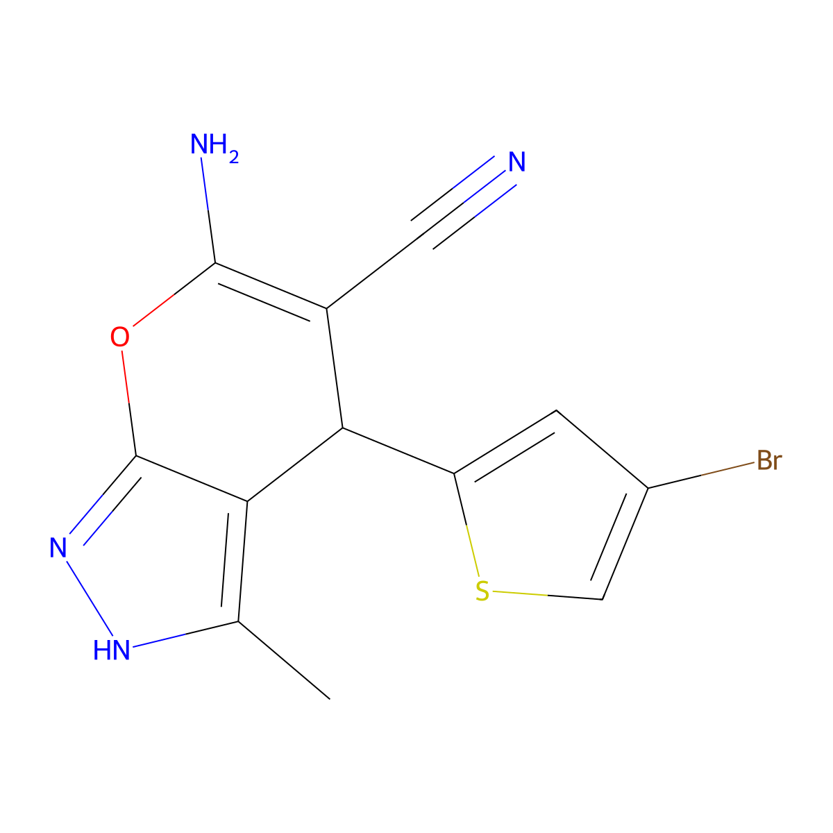 6-Amino-4-(4-bromo-2-thienyl)-3-methyl-1,4-dihydropyrano[2,3-c]pyrazole-5-carbonitrile molecular structure, CAS 293766-42-4