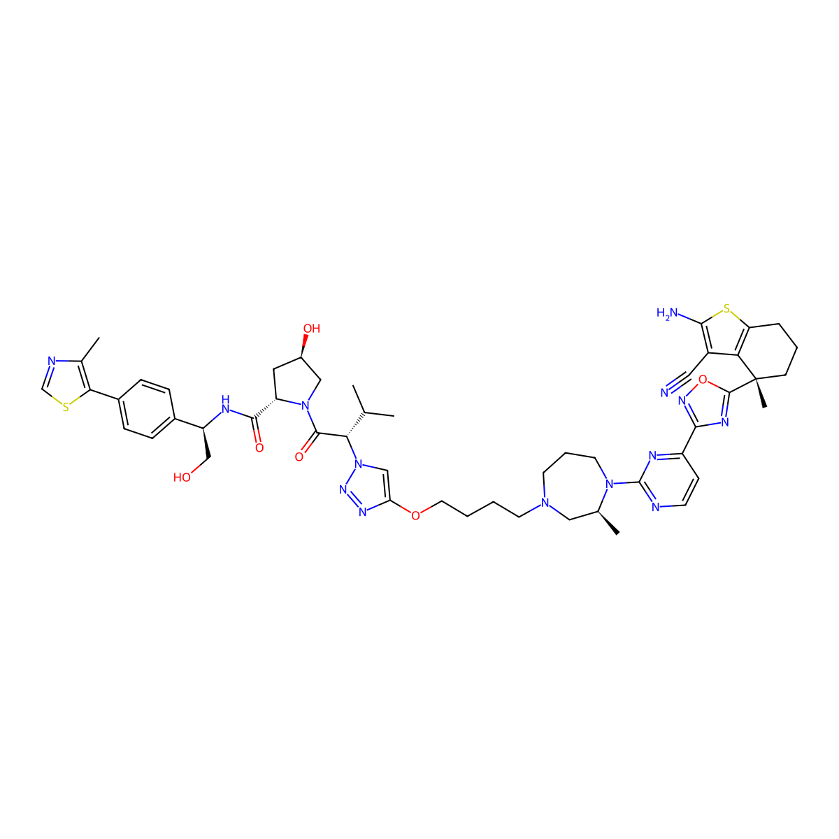 (2S,4R)-1-((S)-2-(4-(4-((S)-4-(4-(5-((S)-2-Amino-3-cyano-4-methyl-4,5,6,7-tetrahydrobenzo[b]thiophen-4-yl)-1,2,4-oxadiazol-3-yl)pyrimidin-2-yl)-3-methyl-1,4-diazepan-1-yl)butoxy)-1H-1,2,3-triazol-1-yl)-3-methylbutanoyl)-4-hydroxy-N-((R)-2-hydroxy-1-(4-(4-methylthiazol-5-yl)phenyl)ethyl)pyrrolidine-2-carboxamide molecular structure, CAS 2938169-76-5