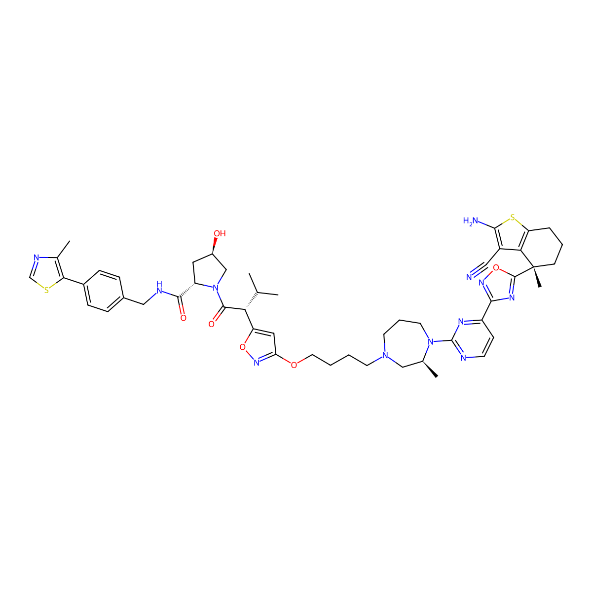 (2S,4R)-1-[(2R)-2-[3-[4-[(3S)-4-[4-[5-[(4S)-2-azanyl-3-cyano-4-methyl-6,7-dihydro-5H-1-benzothiophen-4-yl]-1,2,4-oxadiazol-3-yl]pyrimidin-2-yl]-3-methyl-1,4-diazepan-1-yl]butoxy]-1,2-oxazol-5-yl]-3-methyl-butanoyl]-N-[[4-(4-methyl-1,3-thiazol-5-yl)phenyl]methyl]-4-oxidanyl-pyrrolidine-2-carboxamide molecular structure, CAS 2938169-99-2