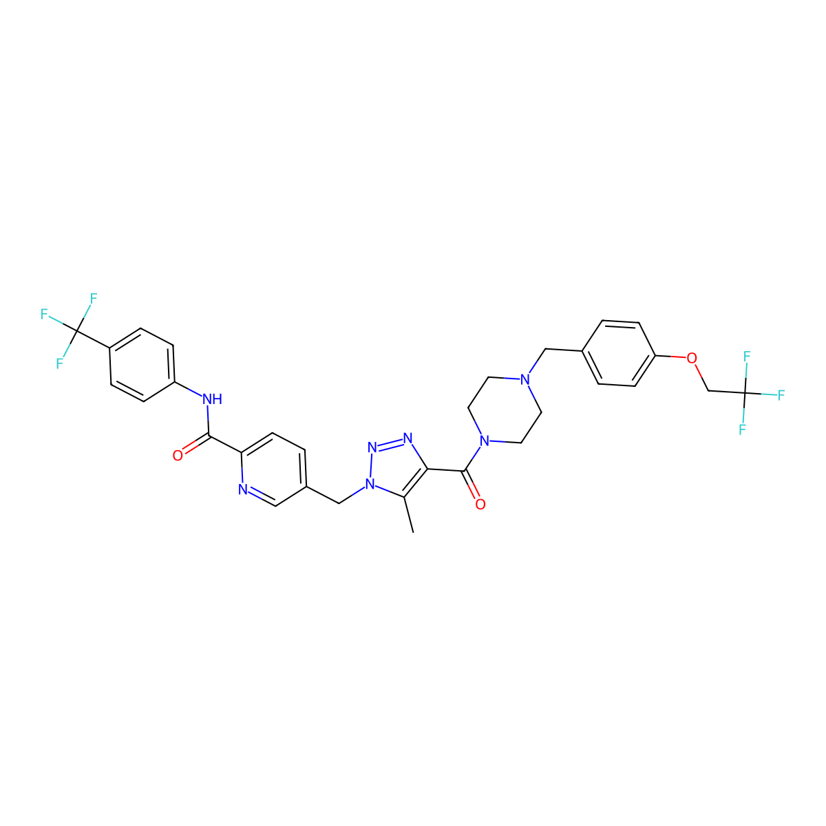 5-[[5-methyl-4-[4-[[4-(2,2,2-trifluoroethoxy)phenyl]methyl]piperazine-1-carbonyl]triazol-1-yl]methyl]-N-[4-(trifluoromethyl)phenyl]pyridine-2-carboxamide molecular structure, CAS 2938220-60-9